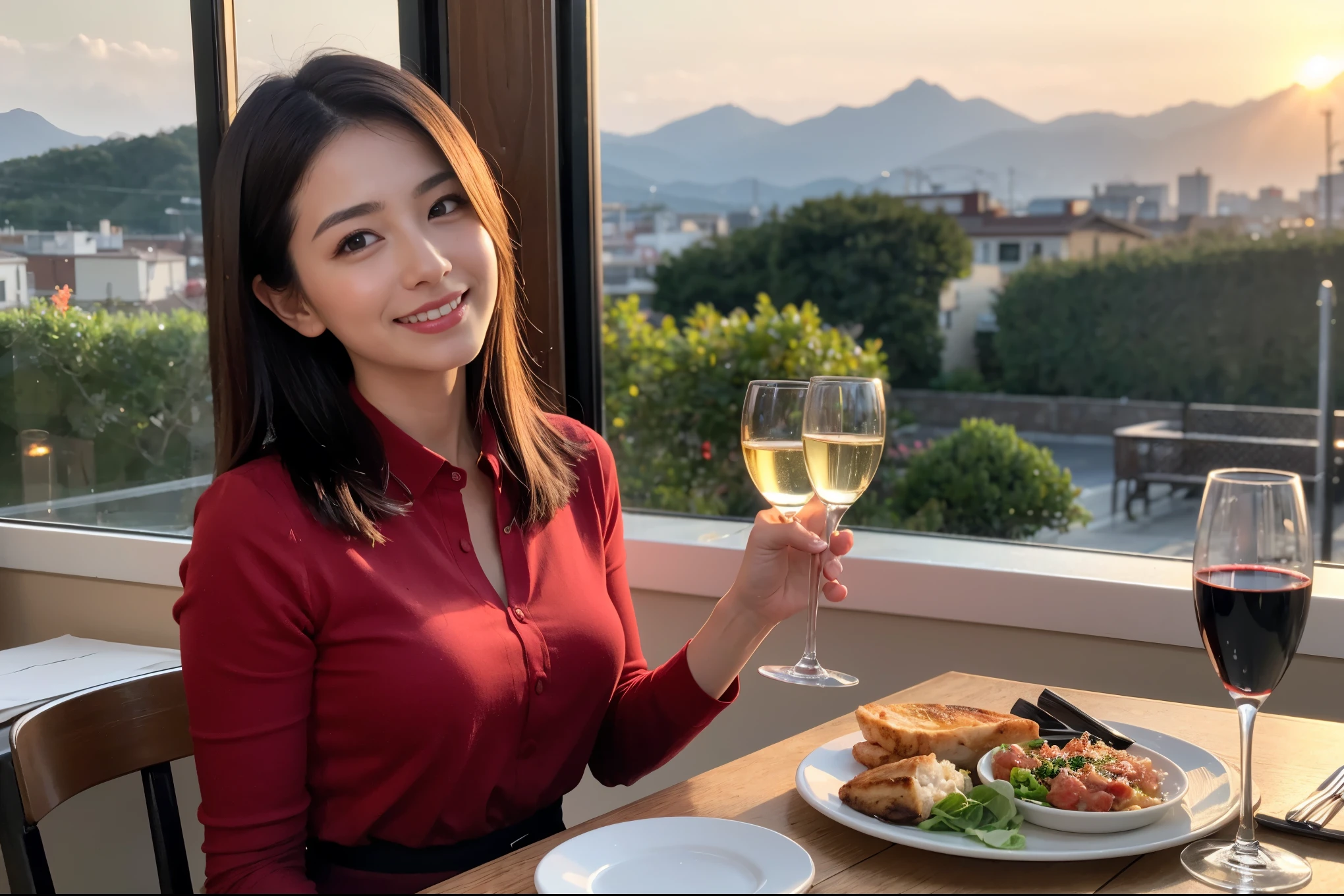((highest quality、8k、masterpiece:1.3))、1 male、1 female、Spouse、Beautiful couple、smile、 (Slim face), (the body is スリム), (Brown Hair), (Shortcuts), テーブルの上のwine glass、Please shine a light on my face、 Amazing view of the sunset sky and clouds、Amazing mountain views、smileの美しさ、Bright image、Blushing, Shortcuts,Bright Face、 (5), 39 years old, red wine 、Appetizers、Italian food、Wine bottle、Champagne、sparkling wine、Long sleeve shirt、dress、Attractive beauty、restaurant, Nova Frog Style, actress, model, Upper Body, White wine, red wine, wine glass,