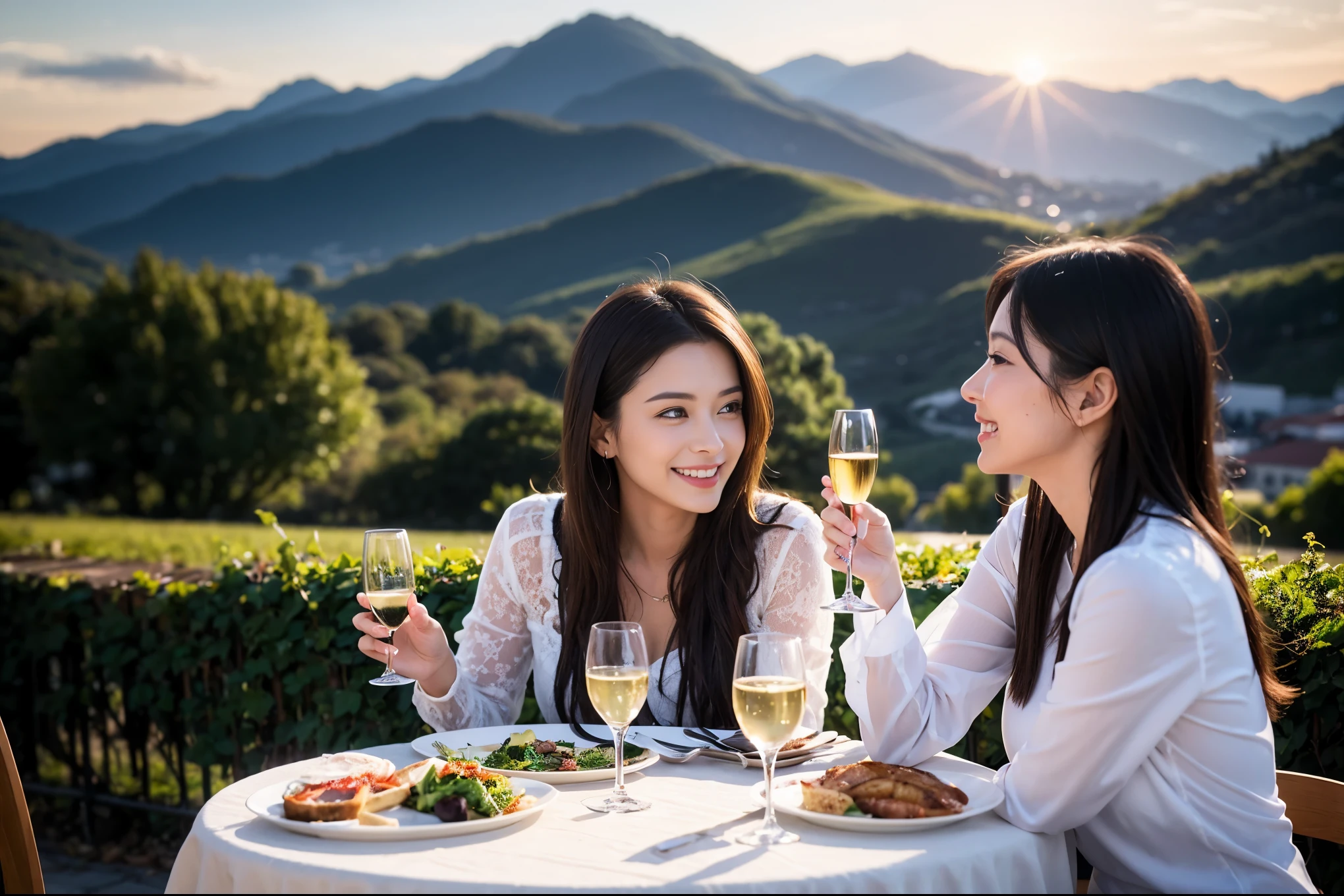 ((highest quality、8k、masterpiece:1.3))、1 male、1 female、Spouse、Beautiful couple、smile、 (Slim face), (the body is スリム), (Brown Hair), (Shortcuts), テーブルの上のwine glass、Please shine a light on my face、 Amazing view of the sunset sky and clouds、Amazing mountain views、smileの美しさ、Bright image、Blushing, Shortcuts,Bright Face、 (Age 35), 39 years old, red wine 、Appetizers、Italian food、Wine bottle、Champagne、sparkling wine、Long sleeve shirt、dress、Attractive beauty、restaurant, Nova Frog Style, actress, model, Upper Body, White wine, red wine, wine glass,
