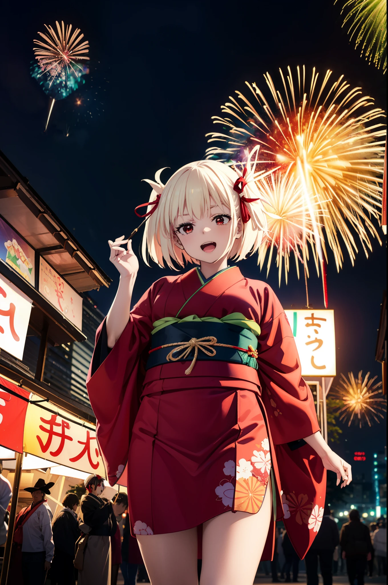 chisatonishikigi, Chisato Nishikigi, short hair, bangs, Blonde Hair, (Red eyes:1.5), hair ribbon, One side up, Bobcut,smile,Open your mouth wide,
,Red kimono,Sandals,日本のfestival，夏festivalの屋台、Red Lantern,firework in the night sky,firework,場所はfirework大会,Time is night,whole bodyがイラストに入るように,Looking up from below、walk,
break outdoors, festival,shrine,
break looking at viewer,whole body, (Cowboy Shot:1.5),
break (masterpiece:1.2), highest quality, High resolution, unity 8k wallpaper, (figure:0.8), (Beautiful fine details:1.6), Highly detailed face, Perfect lighting, Highly detailed CG, (Perfect hands, Perfect Anatomy),