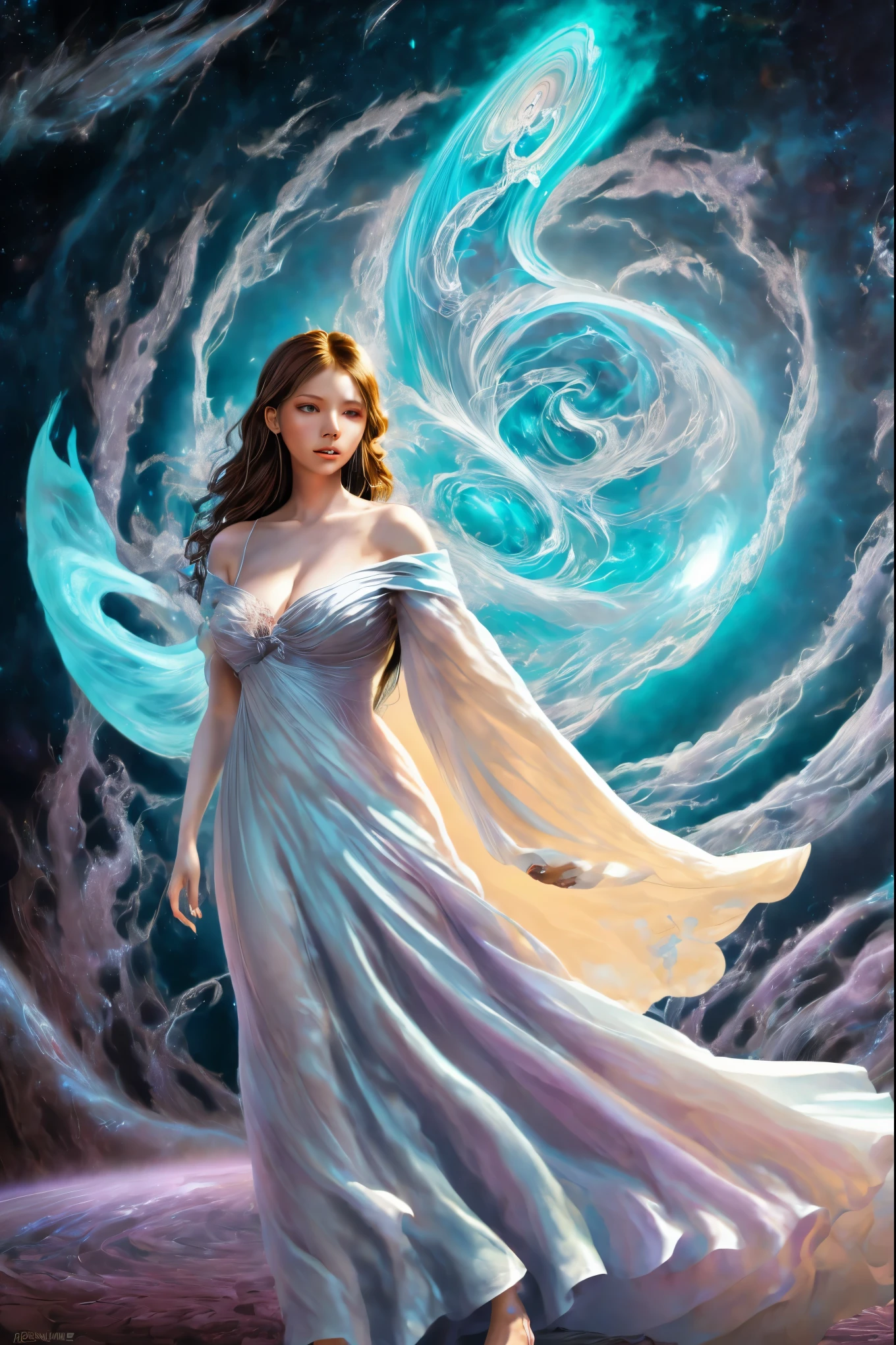 a woman in a long dress is standing in a swirling vortex, digital art inspired by tomasz alen kopera, tumblr, fantasy art, astral ethereal, flowing magical robe, channeling swirling energy, astral appearance, wearing flowing robes, portal to the ethereal realm, ethereal and otherworldly, strange ethereal being, flowing robes, swirling magical energy