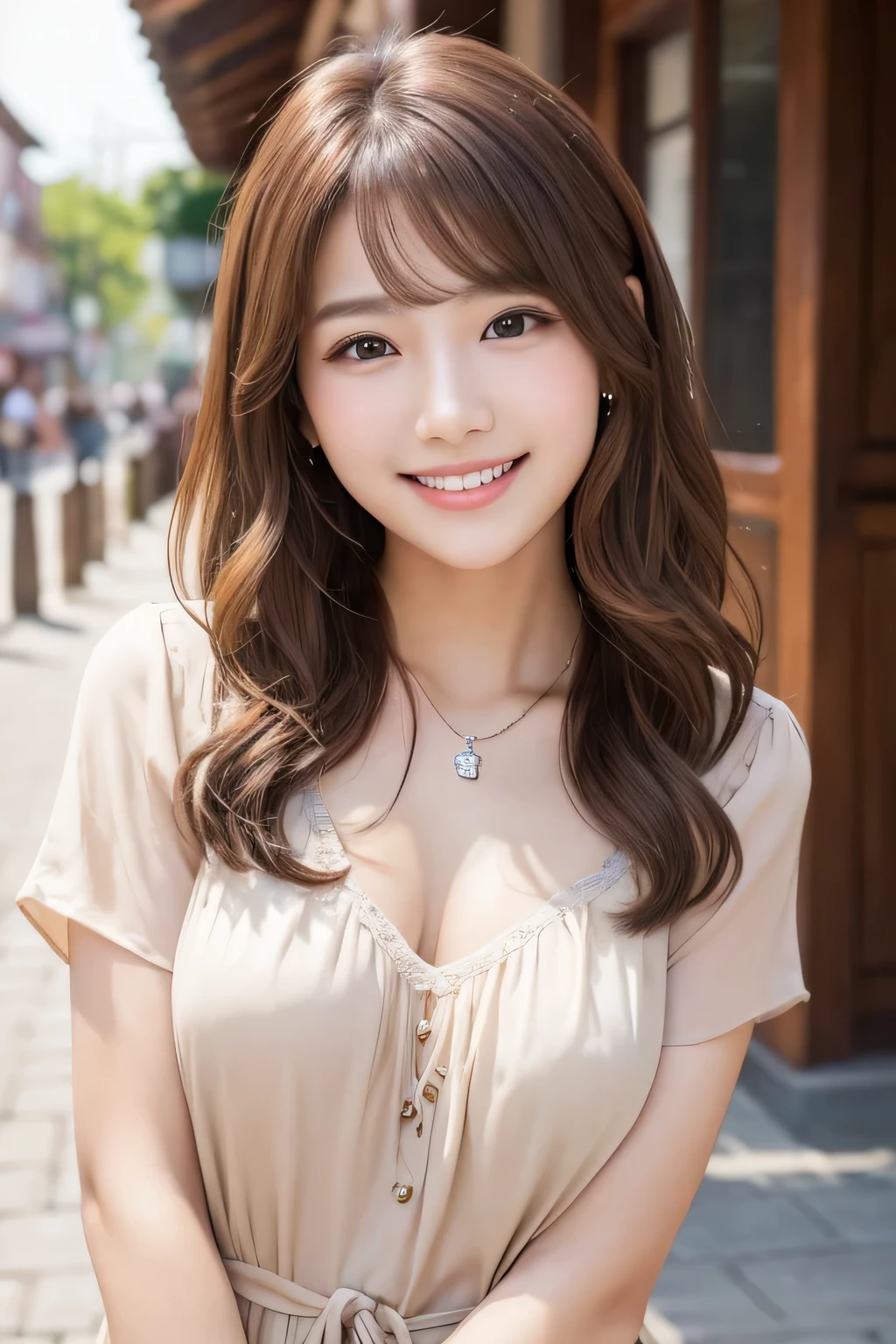 ２０Beautiful young woman of the year、 Korean women、Light brown hair、Wavy Hair、short hair、ear piercing、Necklace around the neck、blouse、smile, Beautiful teeth alignment、Intricate details, Very detailed:1.2), 、 Looking into the camera,The background is the town

