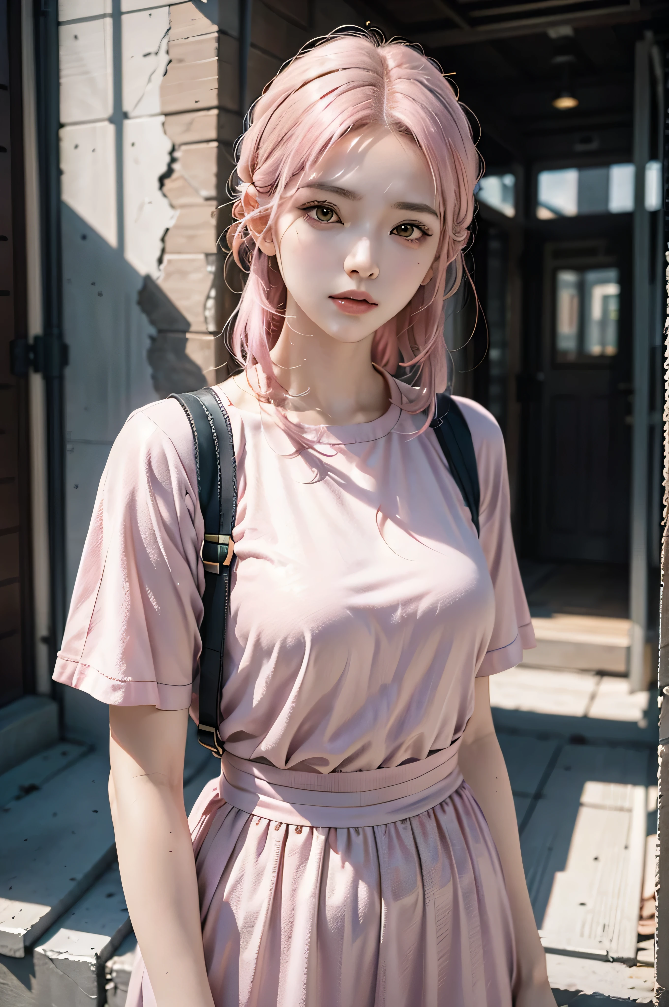 (8k, RAW photo, best quality, masterpiece), ultra high resolution, (realistic, photo-realistic), 1girl, emotionless, solo, pink hair, yellow eyes, professional lighting, detailed lighting, backlight, depth of field, natural lighting, sharp focus, two meter shooting distance, professional photo shoot, detailed eyes, realistic eyes, detailed shadow, cg game, cosplay, pink clothes with arm ring, suspenders, upper body, pink clothes, exterior, crown, Gundam, Mecha, robot
