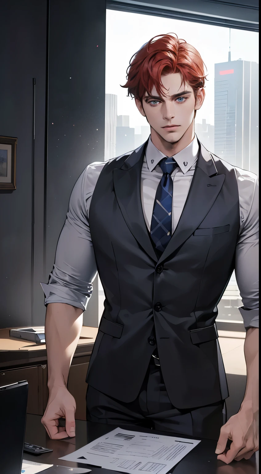 (best quality, masterpiece, 8K, photorealistic, cinematic lighting, hdr image, ultra detailed, beautiful image), 1 man, 31 years old, mature man, very handsome, (without expression, serious), short red hair, blue grey eyes ( penetrating gaze), perfect face without errors, imposing posture, without errors, businessman, office background