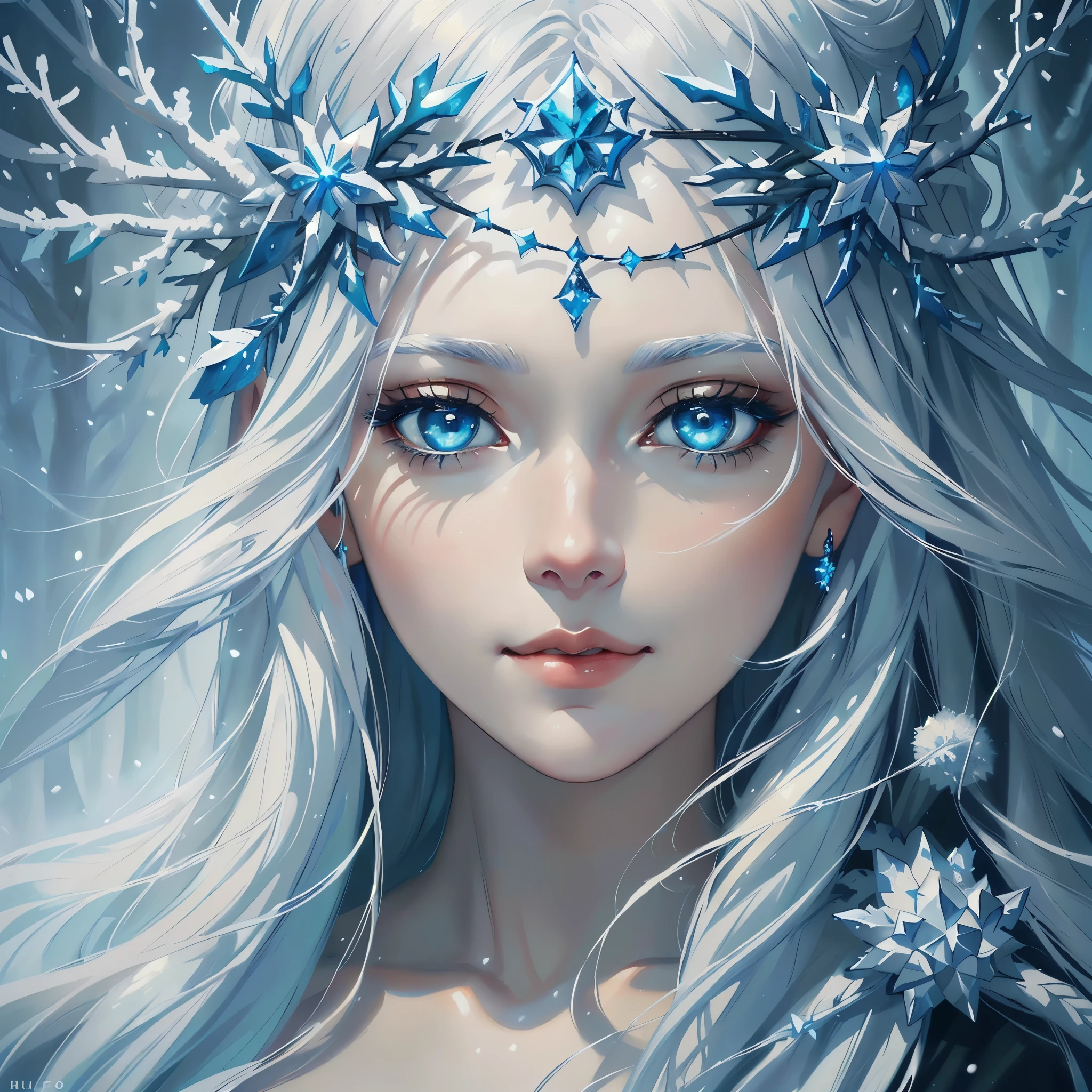 a oil painting rough textures, the princess of winter forest, white hair, blue eyes, she stares into our souls, simple smile, beautiful fantasy art portrait, beautiful character painting, beautiful art uhd 4k