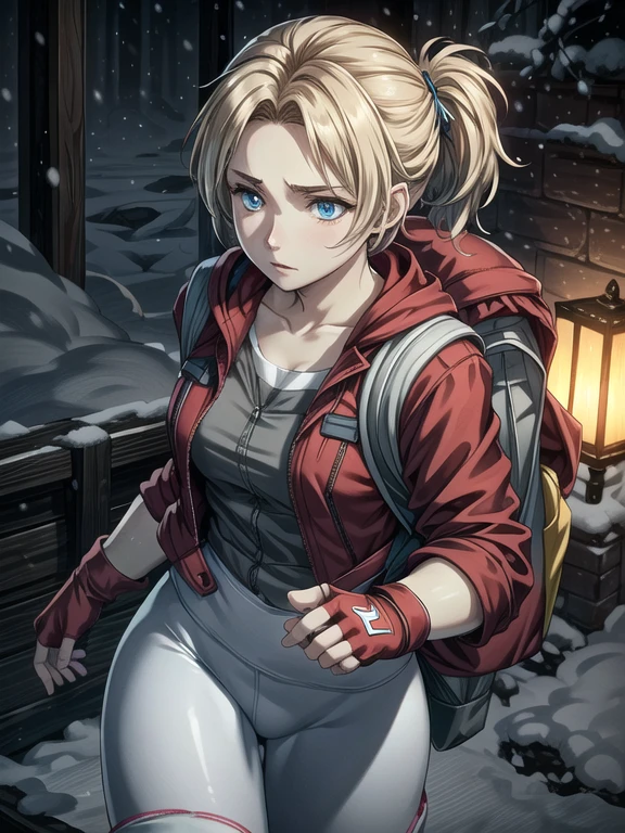 ((Best quality)), ((Masterpiece)), (detailed), (4K quality), (Detailed face:1.2), (Detailed eyes:1.2), (Perfect figure:1.2), 1girl, UDSam, solo, short hair, blonde hair, blue eyes, expressive eyes, (Wearing: Red jacket, white leggings, fingerless gloves, snow boots and backpack:1.3), walking, foggy and snowing weather snowy, blizzard, in a forest, upper body shot, night time ambiance, detailed shadows, detailed background. She's looking into the camera with a worried and determined feeling. This is a masterpiece that exudes exceptional quality and immersion. The illustration is ultra-detailed, Using HDR technology to create a sense of depth. Tone is isolation, gloomy, and anxiety driven, Full of spooky elements.
