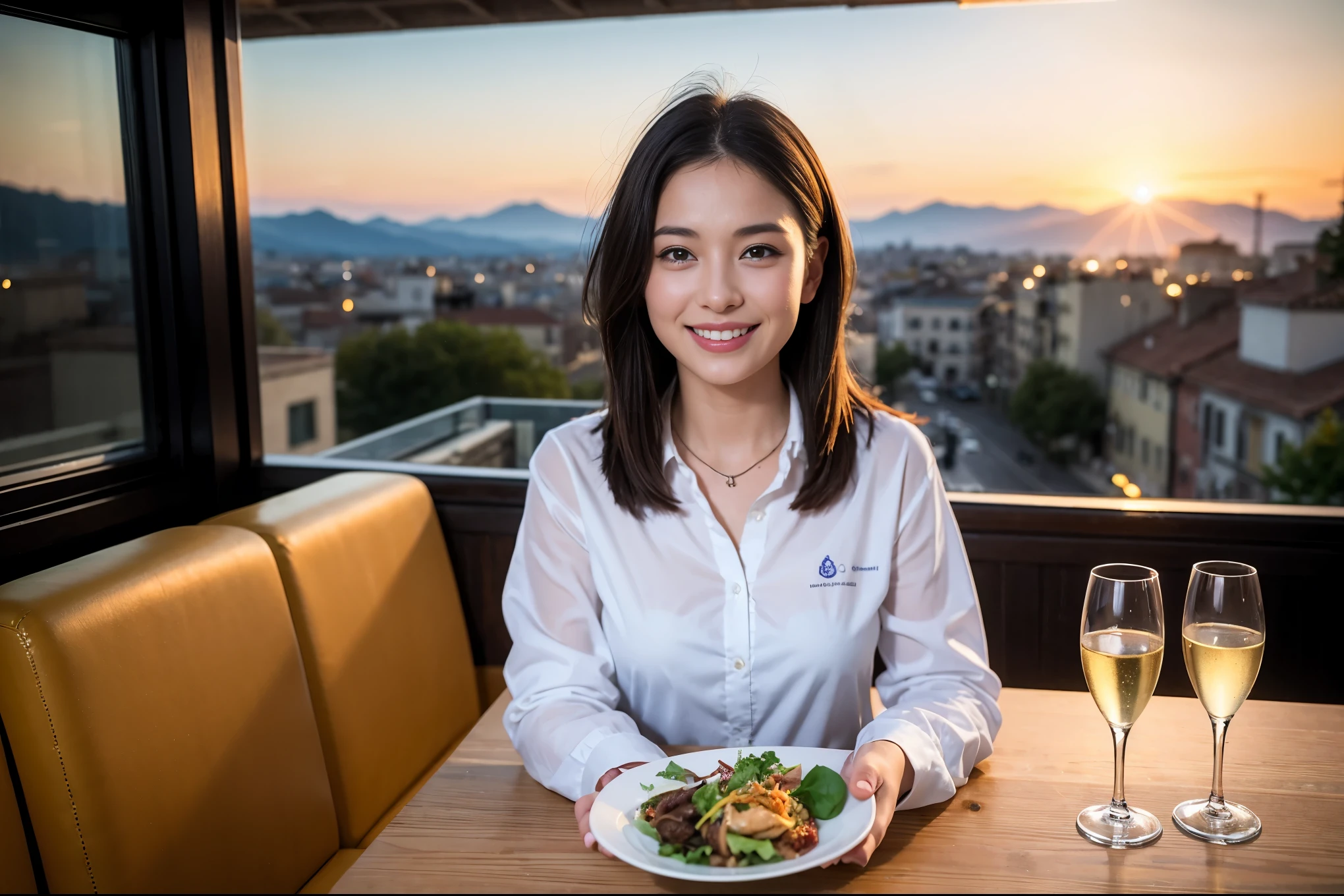 ((highest quality、8k、masterpiece:1.3))、1 male、1 female、Spouse、Beautiful couple、smile、 (Slim face), (the body is スリム), (Brown Hair), (Shortcuts), ((Bob Hale、Straight hair:1.2)), テーブルの上のwine glass、Please shine a light on my face、 Amazing view of the sunset sky and clouds、Amazing mountain views、smileの美しさ、Bright image、Blushing, Shortcuts,Bright Face、 (Age 35), 39 years old, red wine 、Appetizers、Italian food、Wine bottle、Champagne、sparkling wine、Long sleeve shirt、dress、Attractive beauty、restaurant, Nova Frog Style, actress, model, Upper Body, White wine, red wine, wine glass,