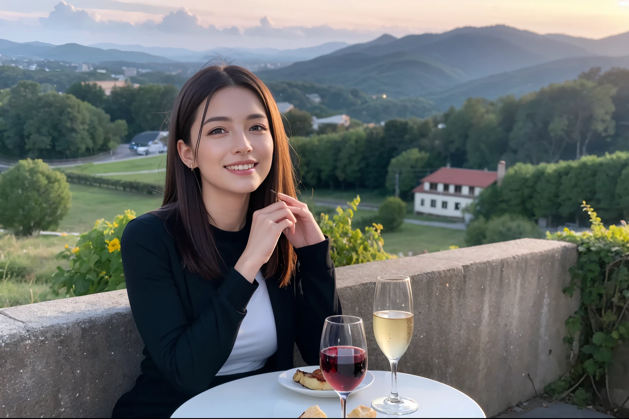 ((highest quality、8k、masterpiece:1.3))、1 male、1 female、Spouse、Beautiful couple、smile、 (Slim face), (the body is スリム), (Brown Hair), (Shortcuts), ((Bob Hale、Straight hair:1.2)), テーブルの上のwine glass、Please shine a light on my face、 Amazing view of the sunset sky and clouds、Amazing mountain views、smileの美しさ、Bright image、Blushing, Shortcuts,Bright Face、 (Age 35), 39 years old, red wine 、Appetizers、Italian food、Wine bottle、Champagne、sparkling wine、Long sleeve shirt、dress、Attractive beauty、restaurant, Nova Frog Style, actress, model, Upper Body, White wine, red wine, wine glass, 