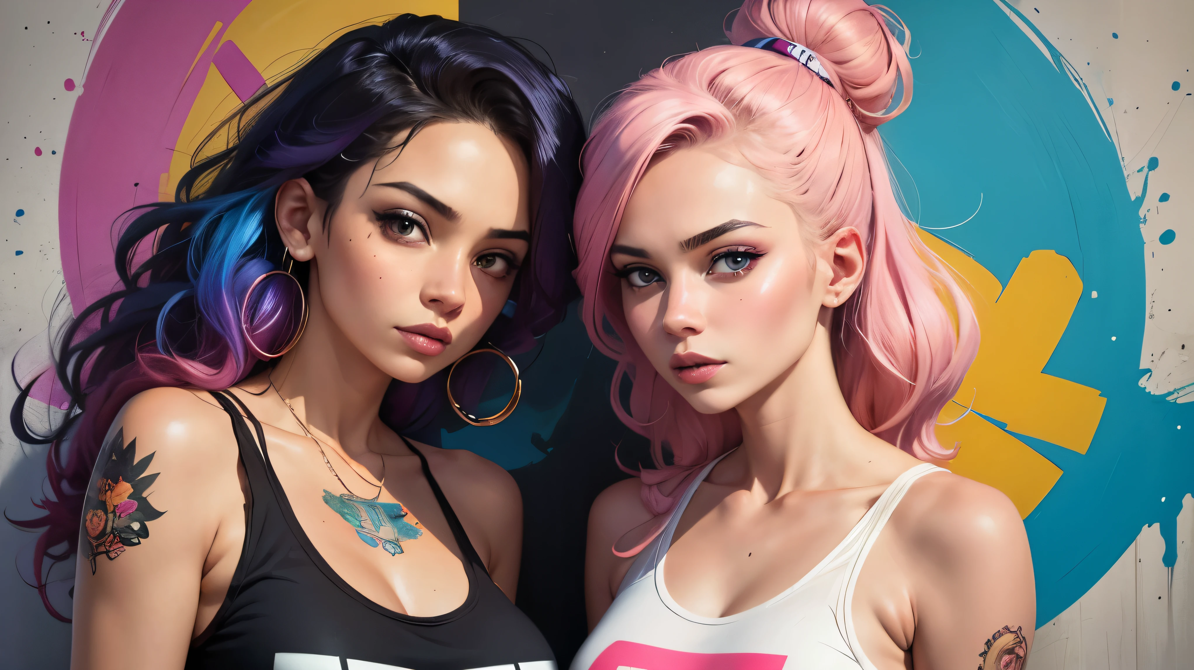 a painting of 2 women with colorful hair and a white tank top, graffiti art inspired by Sandra Chevrier, trending on Artstation, street art, art of alessandro pautasso, beautiful art uhd 4 k, detailed painting 4 k, expressive beautiful painting, street art 8 k, stunning art style, colorful art, stunning artwork, beautiful digital artwork, stunning painting