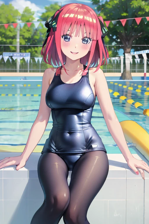 masterpiece, best quality, insanely detailed, beautiful, nino nakano, one-piece swimsuit, breasts, pantyhose, blush, smile, (outdoor swimming pool:1.3), legs spread