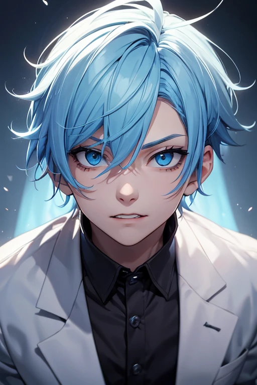 Create a boy with light blue hair, a feline expression and vampire teeth