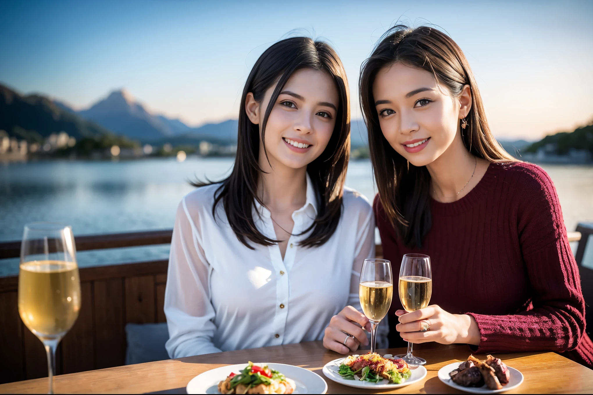 ((highest quality、8k、masterpiece:1.3))、1 male、1 female、Spouse、Beautiful couple、smile、 (Slim face), (the body is スリム), (Brown Hair), (Shortcuts), ((Bob Hale、Straight hair:1.2)), テーブルの上のwine glass、Please shine a light on my face、 Amazing view of the sunset sky and clouds、Amazing mountain views、smileの美しさ、Bright image、Blushing, Shortcuts,Bright Face、 (Age 35), 39 years old, red wine 、Appetizers、Italian food、Wine bottle、Champagne、sparkling wine、Long sleeve shirt、dress、Attractive beauty、restaurant, Nova Frog Style, actress, model, Upper Body, White wine, red wine, wine glass,