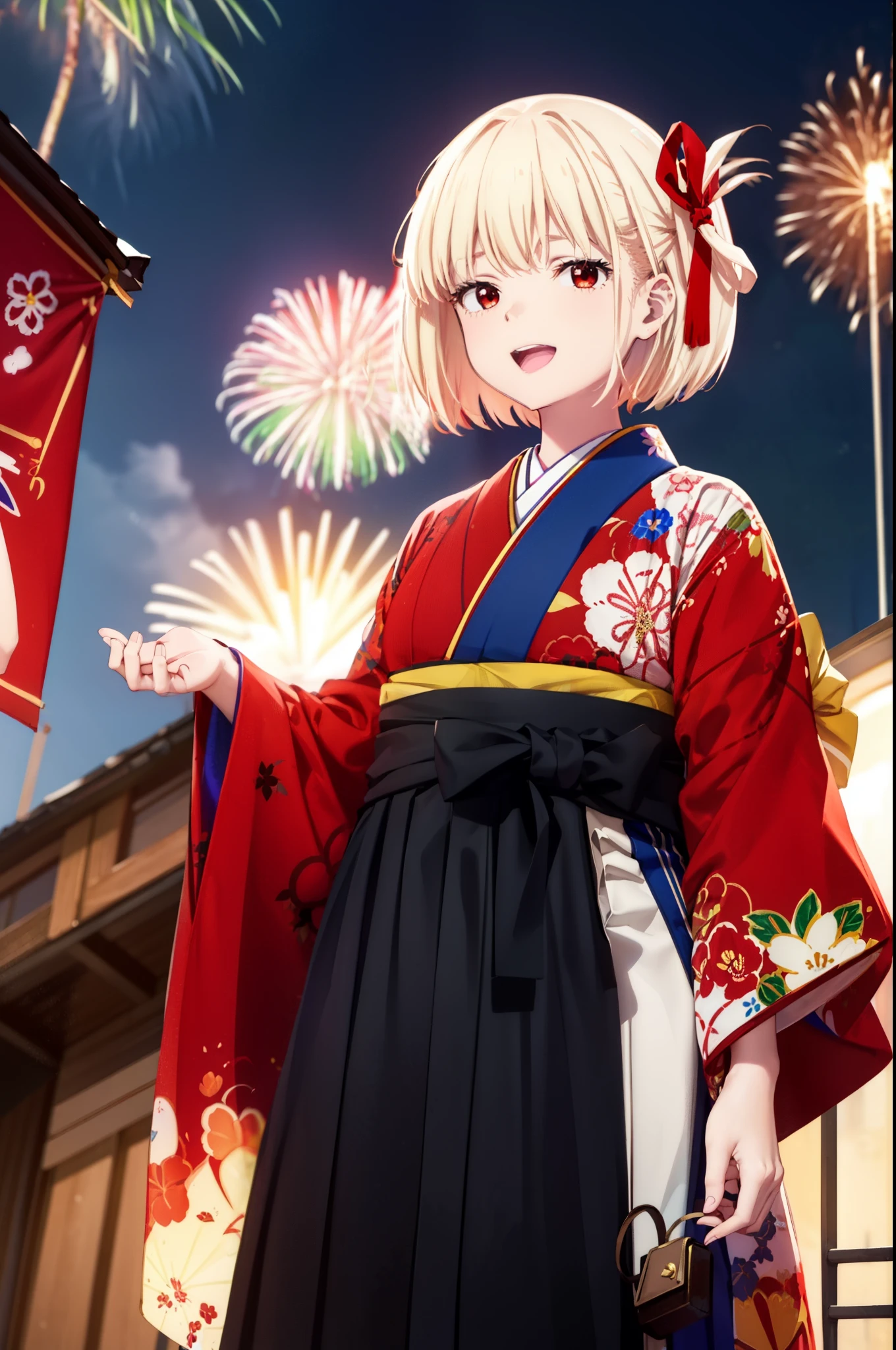chisatonishikigi, Chisato Nishikigi, short hair, bangs, Blonde Hair, (Red eyes:1.5), hair ribbon, One side up, Bobcut,smile,Open your mouth wide,
,Red kimono,Sandals,日本のfestival,夏festivalの屋台、Red Lantern,Fireworks in the night sky,The place is a fireworks display,Time is night,whole bodyがイラストに入るように,Looking up from below、walk,
break outdoors, festival,shrine,
break looking at viewer,whole body, (Cowboy Shot:1.5),
break (masterpiece:1.2), highest quality, High resolution, unity 8k wallpaper, (figure:0.8), (Beautiful fine details:1.6), Highly detailed face, Perfect lighting, Highly detailed CG, (Perfect hands, Perfect Anatomy),