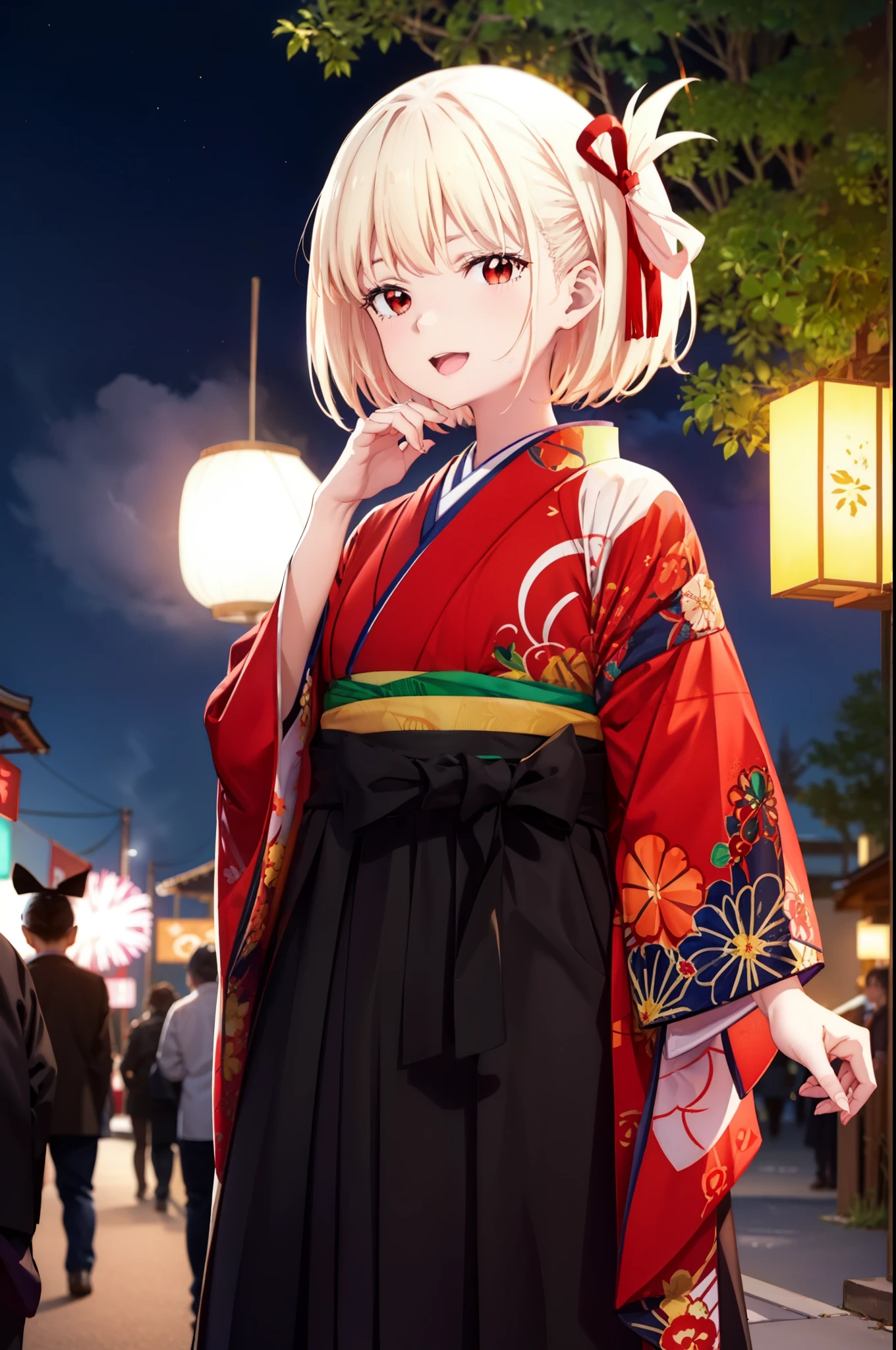 chisatonishikigi, Chisato Nishikigi, short hair, bangs, Blonde Hair, (Red eyes:1.5), hair ribbon, One side up, Bobcut,smile,Open your mouth wide,
,Red kimono,Sandals,日本のfestival,夏festivalの屋台、Red Lantern,Fireworks in the night sky,The place is a fireworks display,Time is night,whole bodyがイラストに入るように,Looking up from below、walk,
break outdoors, festival,shrine,
break looking at viewer,whole body, (Cowboy Shot:1.5),
break (masterpiece:1.2), highest quality, High resolution, unity 8k wallpaper, (figure:0.8), (Beautiful fine details:1.6), Highly detailed face, Perfect lighting, Highly detailed CG, (Perfect hands, Perfect Anatomy),
