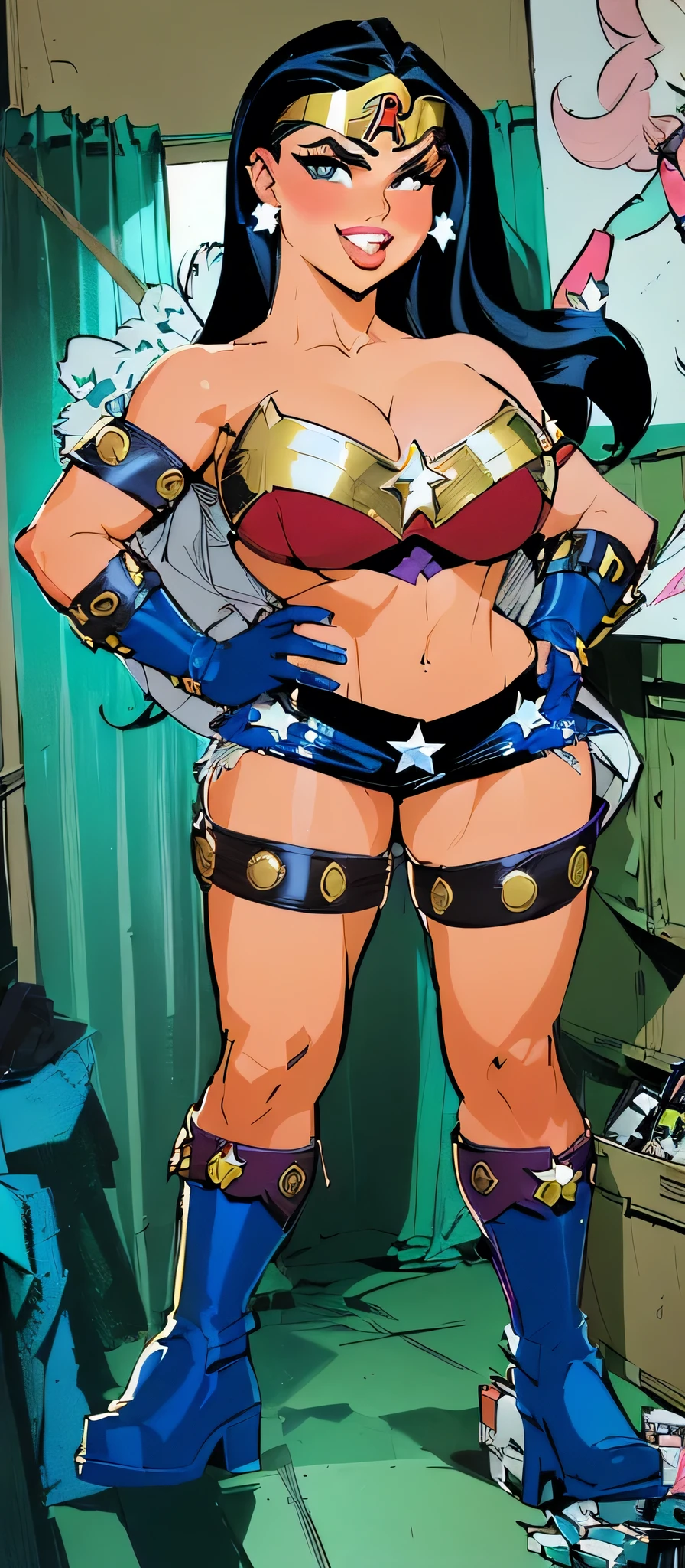 Un primer plano de una caricatura de una mujer disfrazada, mujer Maravilla, bodybuilder superhero bikini, portrait of mujer Maravilla, dressed as mujer Maravilla, inspirado en Bruce Timm, (((tetas grandes))), hermosa mujer en la oficina, vistiendo un mini bikini y pantalones cortos, pose sexy superheroina, comic pin-up style, Cardboard box cutting, super-hero girl, cuerpo de superheroe, baderas amplias, botas azules, guantes azules