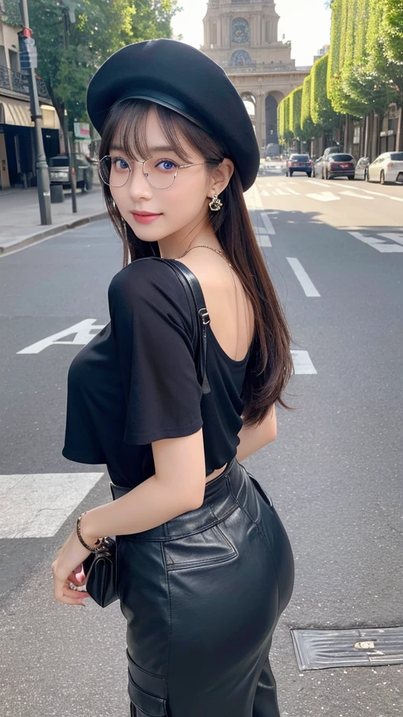 （３２hair,High resolution,High detail,High resolution,high density,alone,in addition：1.3）,（A realistic person々,Live Action,fine grain,High resolutionの目,Fine Eyes,Eyes that look alive,Beautiful dark blue eyes,Fishing eyes,Detailed lips,Translucent white skin,Realistic face in every detail：1.3）,（Japanese Ido,hairorean Idols,Japanese Model,hairorean models,hairorean hair-Pop Female Idols：1.2）,（Blushing,Natural Makeup,necklace,Earrings,へそEarrings：1.4）（Military Cargo Pants,A colorful top with an oversized silhouette,Rajkot,Leather boots,hairnitted hats,Mode Style, Beautiful casual look：1.6）,（Shapely breasts：1.5）,（Young but very beautiful hairorean１6 years old ,Cool eyes,Smile a little,turn around,looked back,Looking into the camera,Fashion Leader,Fashion Model,Soft Skin,Unforgettable Eyes,Her eyes are so beautiful,I want to go to the Paris Collection.........,Cutting-edge fashion：1.6）,（Please show me your whole body,Showing off full-body fashion,Stylish blue glasses：1.7）