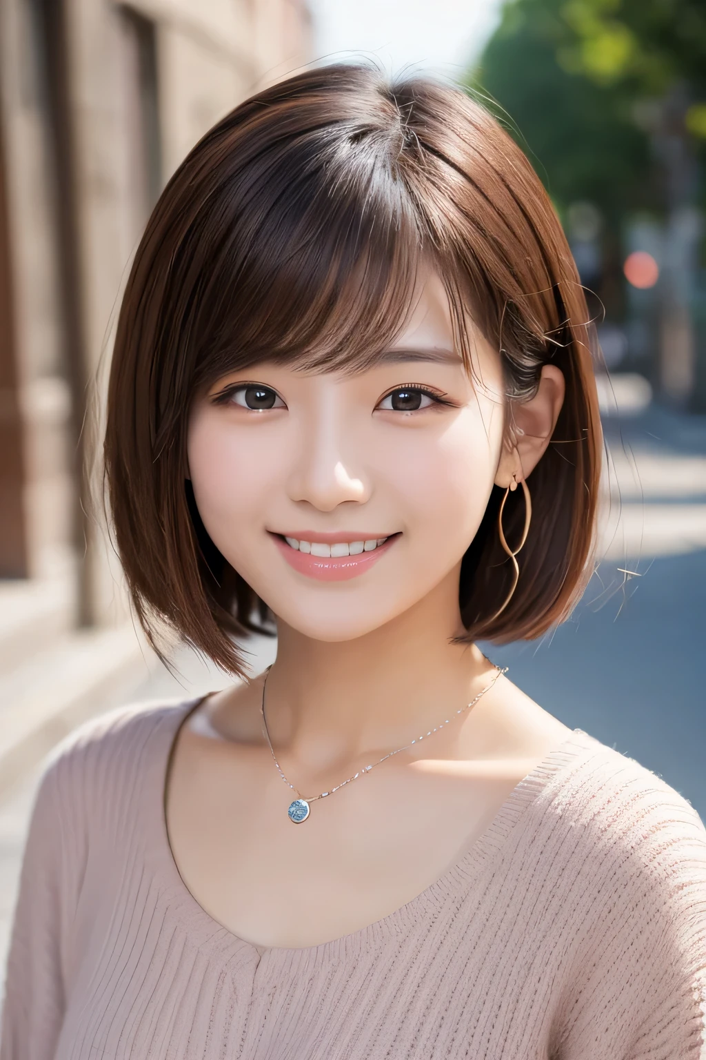 ２０Beautiful young woman of the year、 Korean women、Light brown hair、Wavy Hair、short hair、ear piercing、Necklace around the neck、blouse、smile, Beautiful teeth alignment、Intricate details, Very detailed:1.2), 、 Looking into the camera,The background is the town

