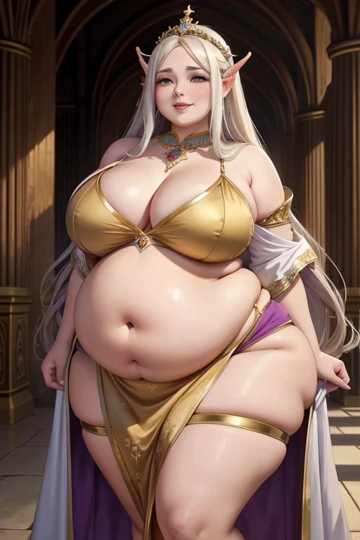 1 girl, gorgeous plump priestess, long hair, fat, overweight, double chin, (beautiful fantasy dress), exposed round pregnant belly, big breasts, make-up, subtle smile, l
Elvish palace
