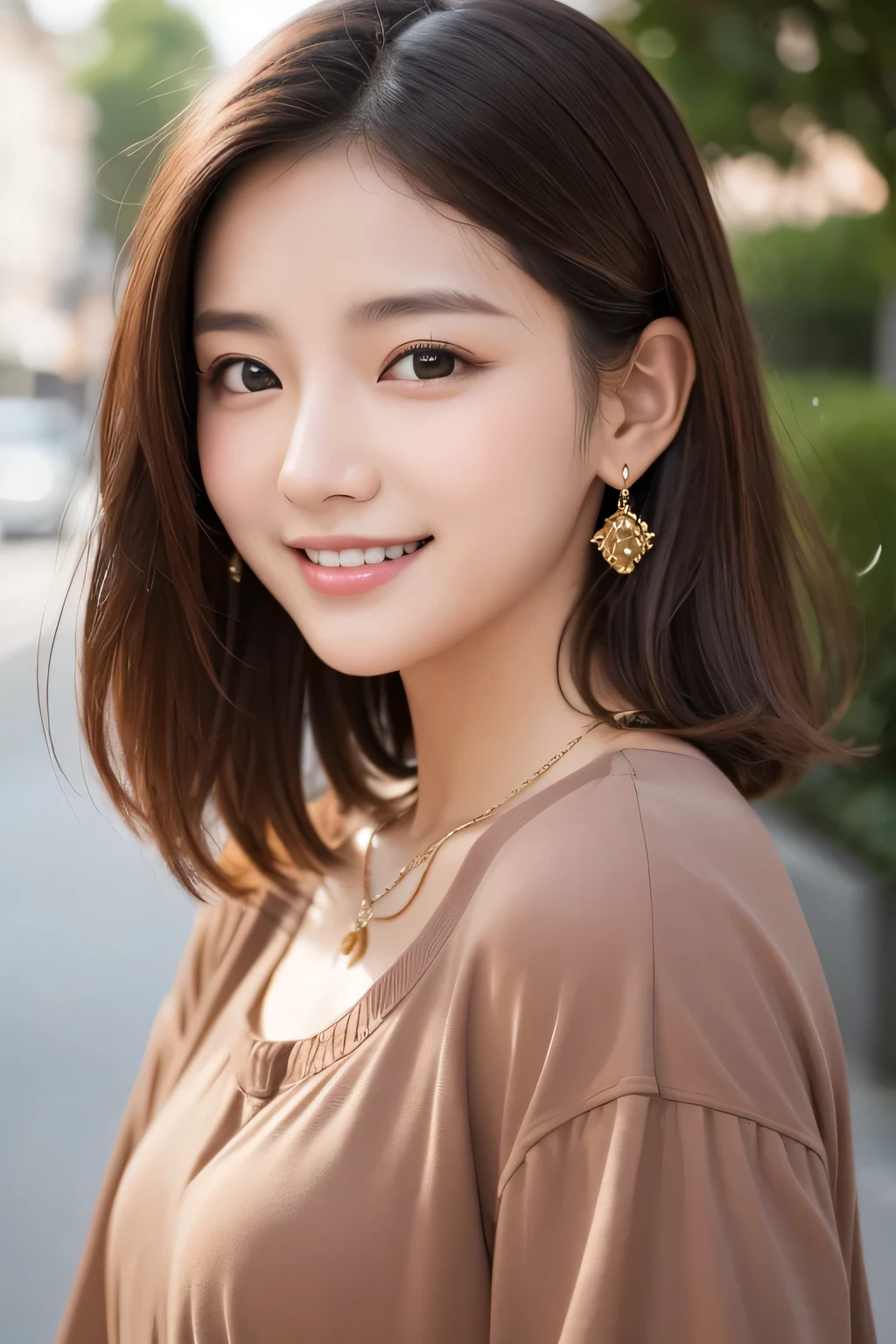 ２０Beautiful young woman of the year、 Korean women、Light brown hair、Wavy Hair、short hair、ear piercing、Necklace around the neck、blouse、smile, Beautiful teeth alignment、Intricate details, Very detailed:1.2), 、 Looking into the camera,The background is the town

