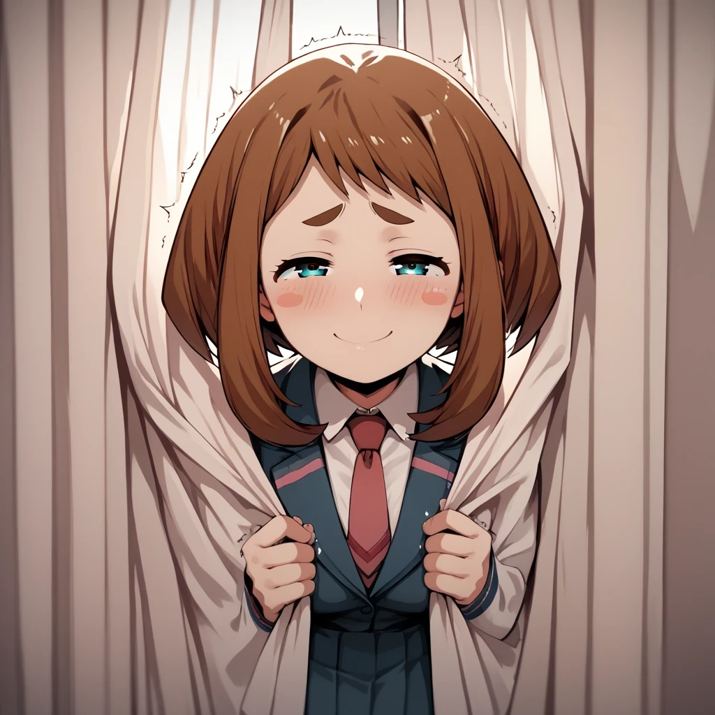 score_9,score_8_up,score_7_up,source_hentai, best quality, masterpiece, 4k, uncensored, prefect lighting, rating_explicit, very aesthetic,uraraka_ochako, thick_eyebrows blush_stickers, brown_hair, brown_eyes, short_hair, school_uniform, grey_jacket long_sleeves, white_shirt red_necktie, green pleated_skirt,, (smile),blue eyes,half-closed eyes,blush,curtains, curtain grab,looking at viewer,cowboy shot, Curtains in the background,((trembling )),lower body, 