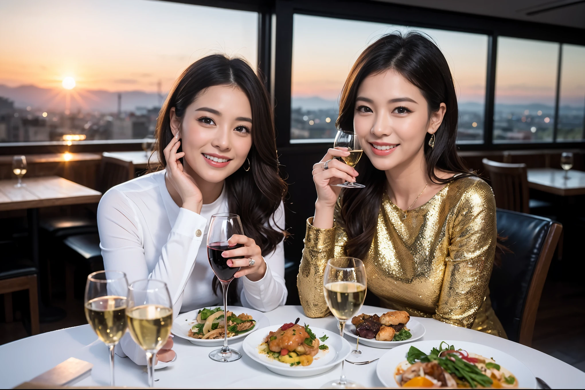 ((highest quality、8k、masterpiece:1.3))、1 male、1 female、spouse、Beautiful couple、smile、full-course dinner、 (Slim face), (the body is スリム), (Brown Hair), (Shortcuts), テーブルの上のwine glass、Put the light on your face、 Amazing view of the sunset sky and clouds、smileの美しさ、Shortcuts, (Age 35), 39 years old, Appetizers、Italian food、Wine bottle、Champagne、sparkling wine、Long sleeve shirt、dress、Attractive beauty、restaurant, Nova Frog Style, actress, model, Upper Body, White wine, red wine, wine glass, 