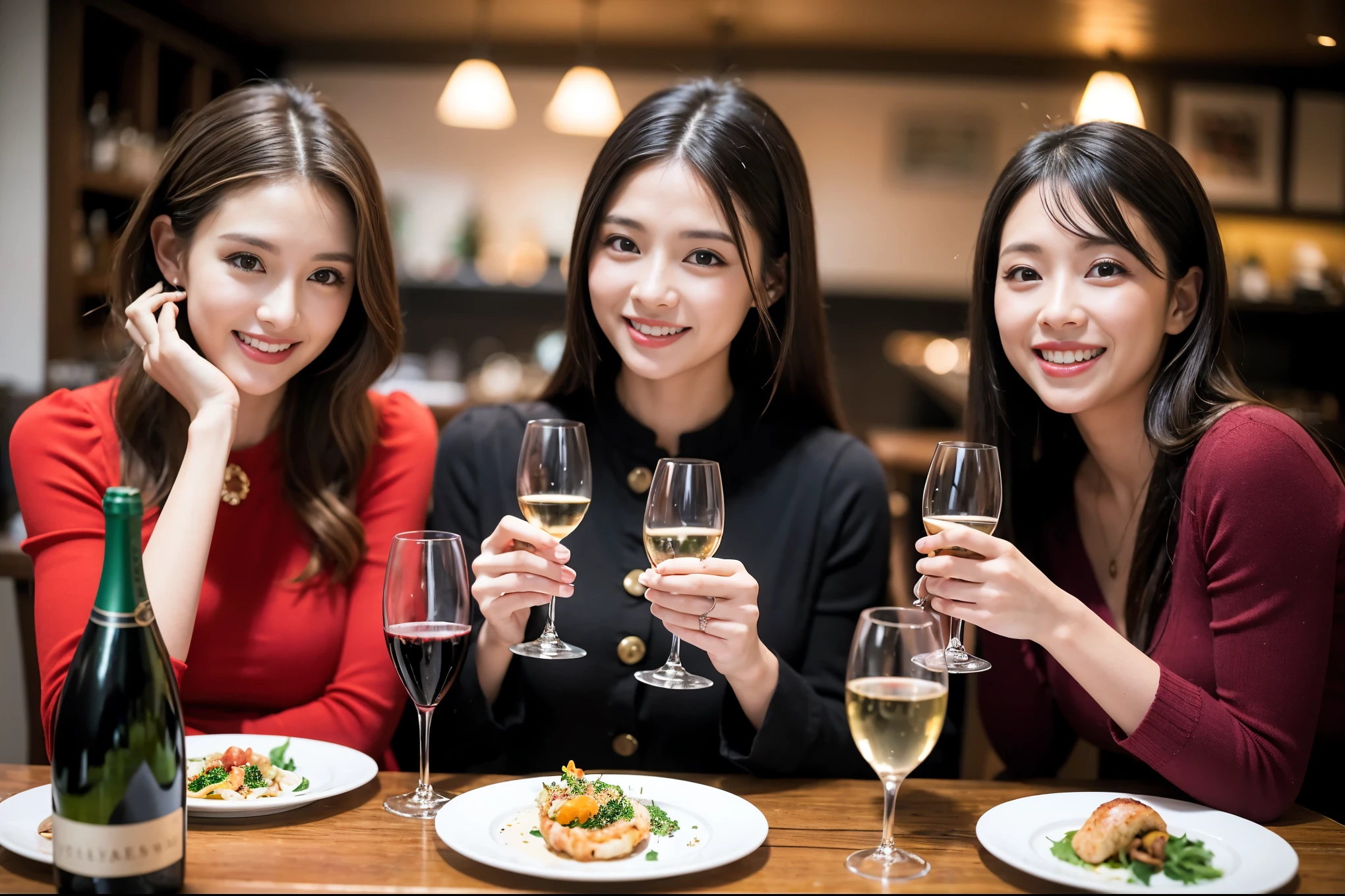 ((highest quality、8k、masterpiece:1.3))、1 male、1 female、spouse、Beautiful couple、smile、full-course dinner、 (Slim face), (the body is スリム), (Brown Hair), (Shortcuts), テーブルの上のwine glass、Put the light on your face、 Amazing view of the sunset sky and clouds、smileの美しさ、Shortcuts, (Age 35), 39 years old, Appetizers、Italian food、Wine bottle、Champagne、sparkling wine、Long sleeve shirt、dress、Attractive beauty、restaurant, Nova Frog Style, actress, model, Upper Body, White wine, red wine, wine glass, 