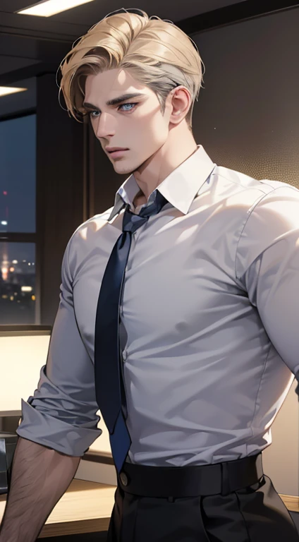 (best quality, masterpiece, 8K, photorealistic, cinematic lighting, hdr image, ultra detailed, beautiful image), 1 man, 31 years old, mature man, very handsome, (without expression, serious), short golden hair, blue grey eyes ( penetrating gaze), perfect face without errors, imposing posture, without errors, businessman, office background