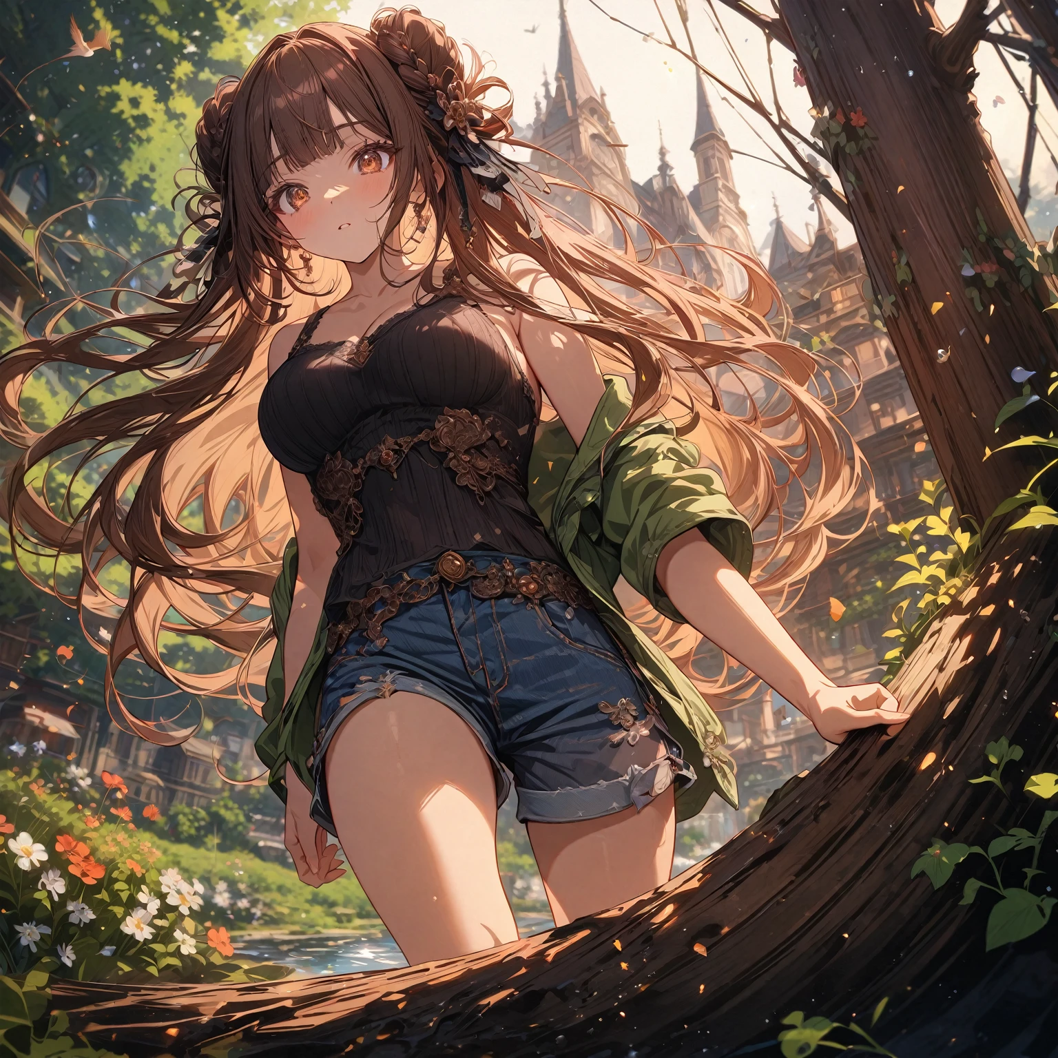 (best quality, absurdres, top details, high quality, very aesthetic, detailed, highest quality, newest, highres, ultra fine painting, (masterpiece:0)), digital art, official art, cinematic, 4k, 8k resolution, 8K CG wallpaper, CG, detailed background, blurry background, high resolution, wide shot, from far away, epic lighting, RAW photo, POV, sharp focus, lens flare, light reflection, reflections, light source, intricate details, hard light, particle noise, professional photography, bokeh, depth of field, good lighting, soft colors, looking at viewer, detailed lights and shadows, stylish, ultra-detailed, Pixiv, trending art, niji style, modern-days, master crafted, pose, (top quality, details:1.37), solo, 1girl, a girl, correct fingers, detailed eyes, (medium big breasts:1.2), tight bust, big thighs, short torso, flushtered, casual, (innocent face, cute, slim), nice hips, nice body, brown hair, (long flowing hair:1.2), twin buns hairstyle, long bangs, long hair, middle hair bangs, brown eyes, ((black string tanktop:1.2), tummy skin:1.1), off shoulder open green hoodie, shorts, outfit ornaments), flower garden, grass, flowers, tress, plants, puddle, birds, animals, clouds, branches, tree log, tree stump, outdoor, landscape, open field, forest area, no houses, no infrastructure, no house roofs, 