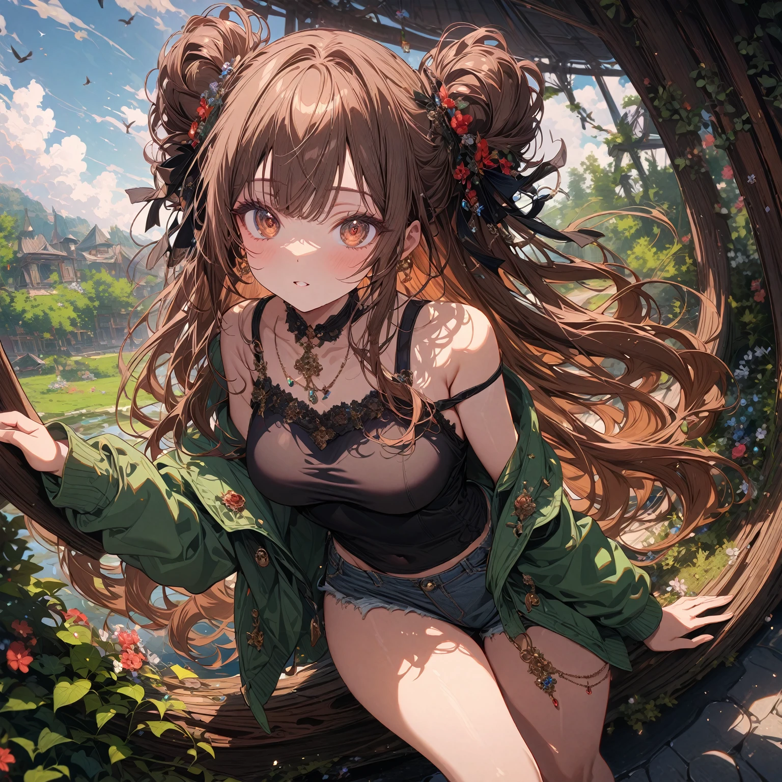 (best quality, absurdres, top details, high quality, very aesthetic, detailed, highest quality, newest, highres, ultra fine painting, (masterpiece:0)), digital art, official art, cinematic, 4k, 8k resolution, 8K CG wallpaper, CG, detailed background, blurry background, high resolution, wide shot, from far away, epic lighting, RAW photo, POV, sharp focus, lens flare, light reflection, reflections, light source, intricate details, hard light, particle noise, professional photography, bokeh, depth of field, good lighting, soft colors, looking at viewer, detailed lights and shadows, stylish, ultra-detailed, Pixiv, trending art, niji style, modern-days, master crafted, pose, (top quality, details:1.37), solo, 1girl, a girl, correct fingers, detailed eyes, (medium big breasts:1.2), tight bust, big thighs, short torso, flushtered, casual, (innocent face, cute, slim), nice hips, nice body, brown hair, (long flowing hair:1.2), twin buns hairstyle, long bangs, long hair, middle hair bangs, brown eyes, ((black string tanktop:1.2), tummy skin:1.1), off shoulder open green hoodie, shorts, outfit ornaments), flower garden, grass, flowers, tress, plants, puddle, birds, animals, clouds, branches, tree log, tree stump, outdoor, landscape, open field, forest area, no houses, no infrastructure, no house roofs,