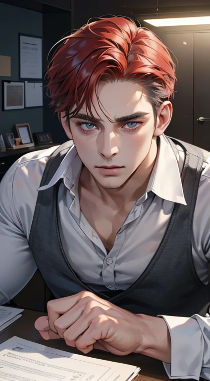 (best quality, masterpiece, 8K, photorealistic, cinematic lighting, hdr image, ultra detailed, beautiful image), 1 man, 31 years old, mature man, very handsome, (without expression, serious), short red hair, blue grey eyes ( penetrating gaze), perfect face without errors, imposing posture, without errors, businessman, office background