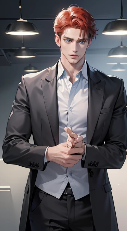 (best quality, masterpiece, 8K, photorealistic, cinematic lighting, hdr image, ultra detailed, beautiful image), 1 man, 31 years old, mature man, very handsome, (without expression, serious), short red hair, blue grey eyes ( penetrating gaze), perfect face without errors, imposing posture, without errors, businessman, office background