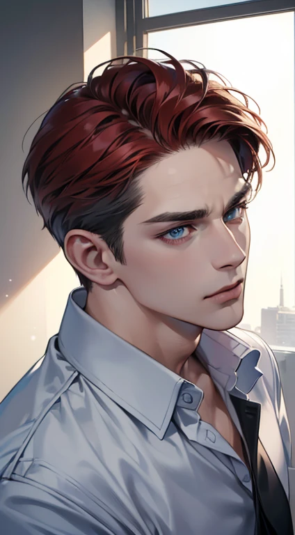 (best quality, masterpiece, 8K, photorealistic, cinematic lighting, hdr image, ultra detailed, beautiful image), 1 man, 31 years old, mature man, very handsome, (without expression, serious), short red hair, blue grey eyes ( penetrating gaze), perfect face without errors, imposing posture, without errors, businessman, office background