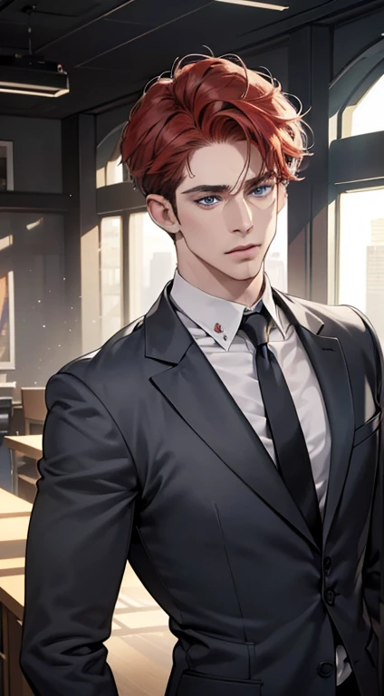 (best quality, masterpiece, 8K, photorealistic, cinematic lighting, hdr image, ultra detailed, beautiful image), 1 man, 31 years old, mature man, very handsome, (without expression, serious), short red hair, blue grey eyes ( penetrating gaze), perfect face without errors, imposing posture, without errors, businessman, office background