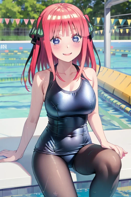 masterpiece, best quality, insanely detailed, beautiful, nino nakano, one-piece swimsuit, breasts, pantyhose, blush, smile, (outdoor swimming pool:1.3), legs spread