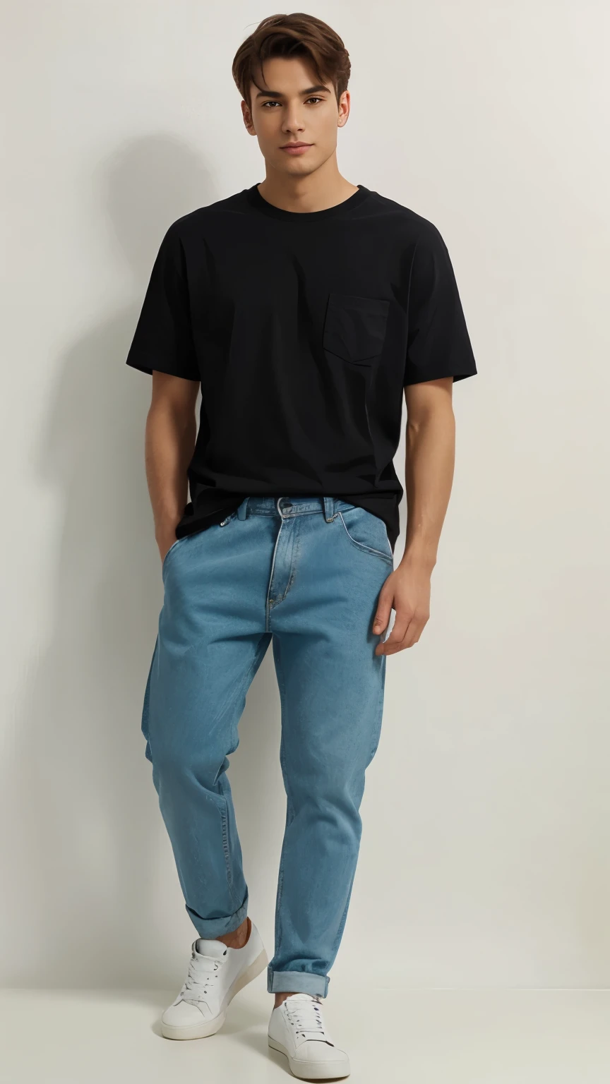 (Masterpiece, Top Quality, Best Quality, Watercolor (Medium), Official Art, handsome and Aesthetic: 1.2), 1 Man (30 years old) wearing jeans+black oversize regular t-shirt (without any print), (bottom of shirt outside the pants) background solid green, model full body facing the camera, (the model hands tuck in a pants pocket)