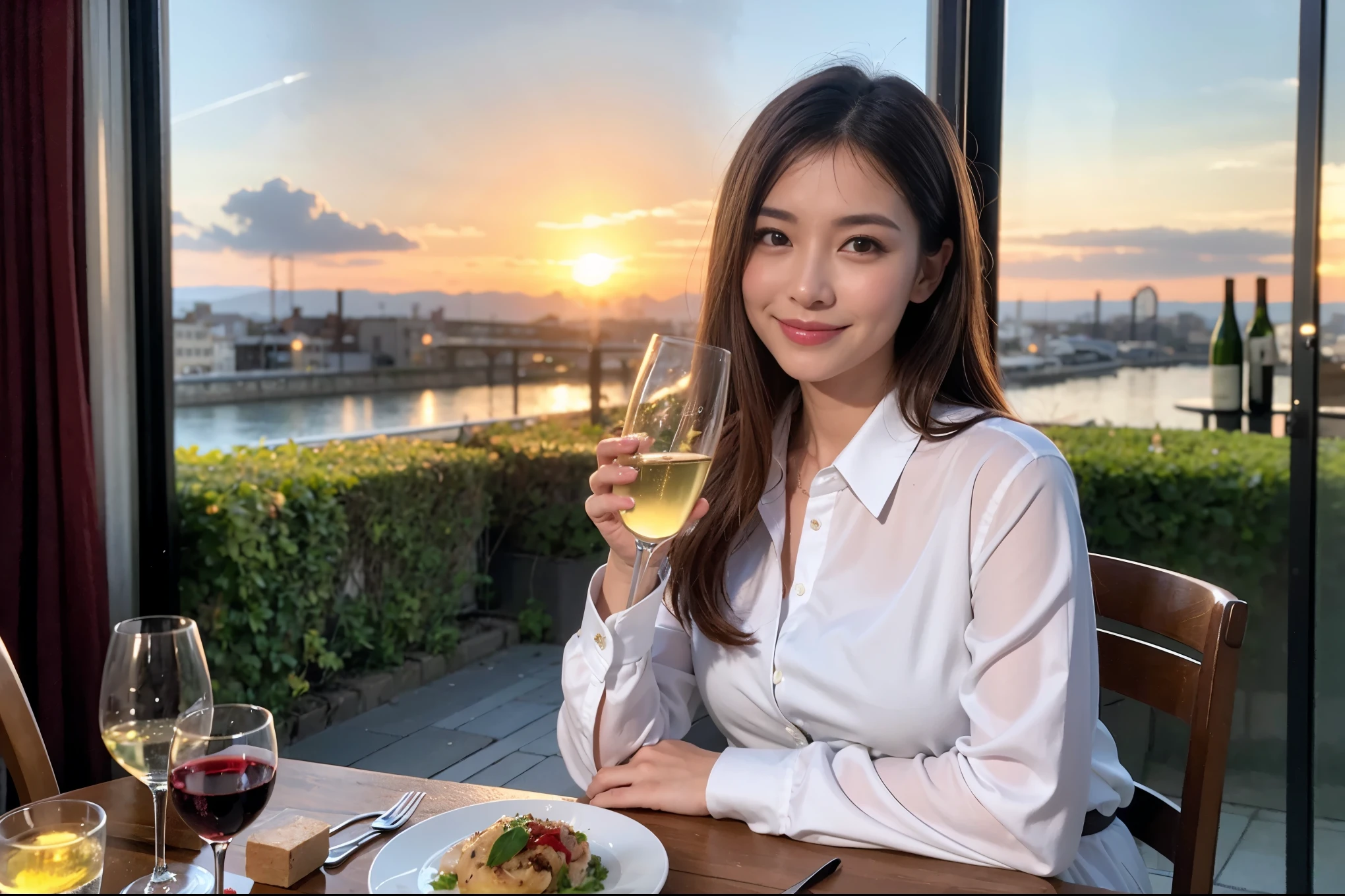 ((highest quality、8k、masterpiece:1.3))、1 male、1 female、spouse、Beautiful couple、smile、full-course dinner、 (Slim face), (the body is スリム), (Brown Hair), (Shortcuts), テーブルの上のwine glass、Put the light on your face、 Amazing view of the sunset sky and clouds、smileの美しさ、Shortcuts, (Age 35), 39 years old, Appetizers、Italian food、Wine bottle、Champagne、sparkling wine、Long sleeve shirt、dress、Attractive beauty、restaurant, Nova Frog Style, actress, model, Upper Body, White wine, red wine, wine glass, 