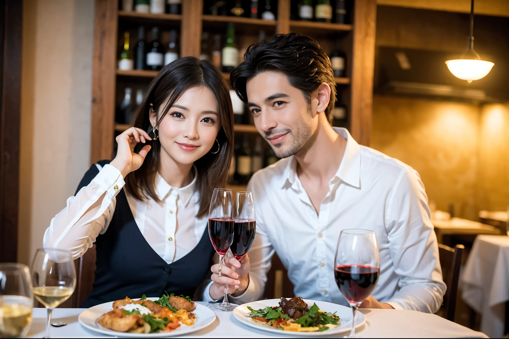 ((highest quality、8k、masterpiece:1.3))、1 male、1 female、spouse、Beautiful couple、smile、full-course dinner、 (Slim face), (the body is スリム), (Brown Hair), (Shortcuts), テーブルの上のwine glass、Put the light on your face、 Amazing view of the sunset sky and clouds、smileの美しさ、Shortcuts, (Age 35), 39 years old, Appetizers、Italian food、Wine bottle、Champagne、sparkling wine、Long sleeve shirt、dress、Attractive beauty、restaurant, Nova Frog Style, actress, model, Upper Body, White wine, red wine, wine glass,