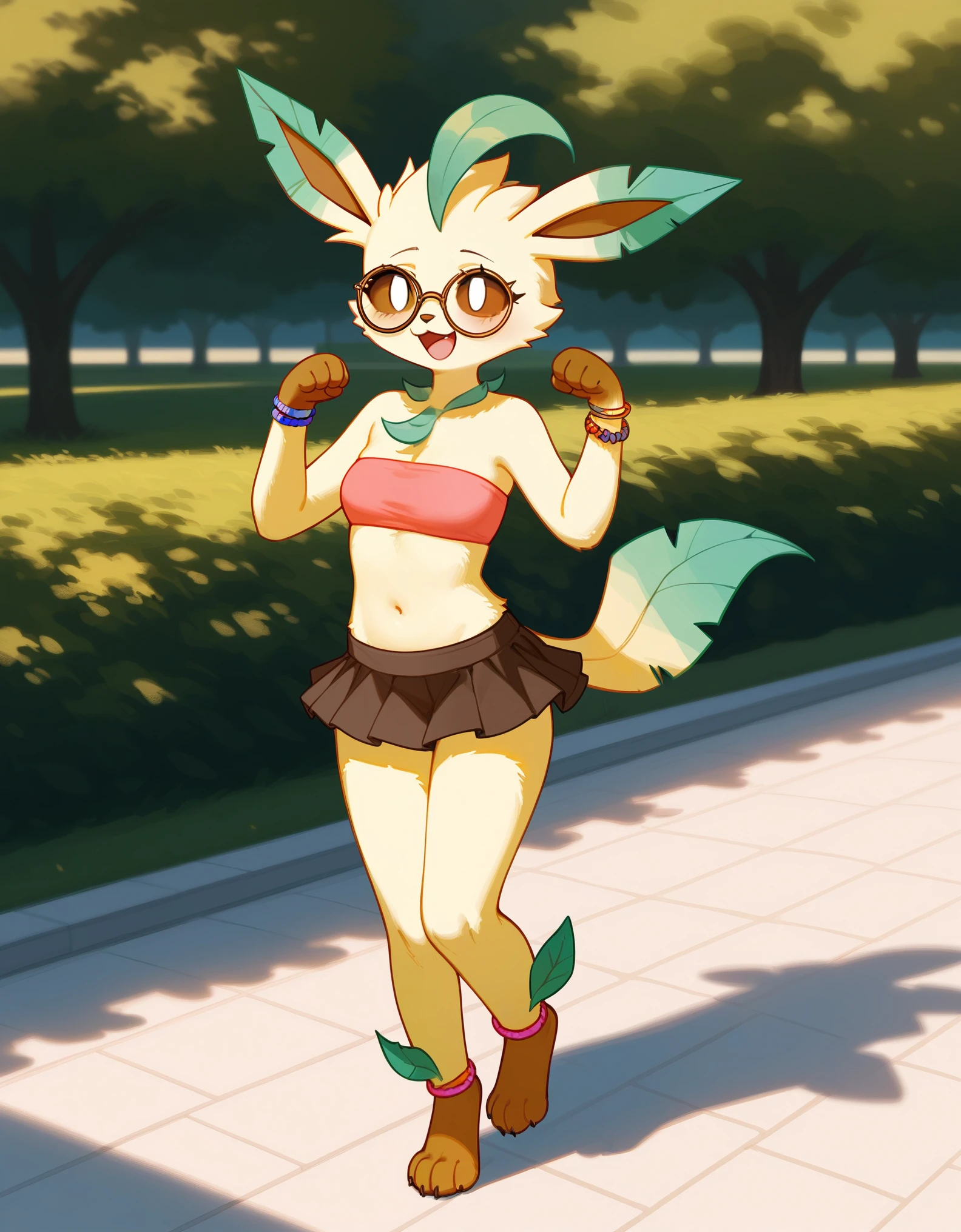score_9,score_8_up,score_7_up, anthro furry female leafeon Pokemon, tall, wearing hippie bandeau, brown micro skirt, ankle bracelets, big round glasses, eyes half opened, bored eyes, smiling softly, 4 toes, white eyes, brown sclera, outdoors, at a park, flowery decorations in the background, standing, cute pose, laughing,