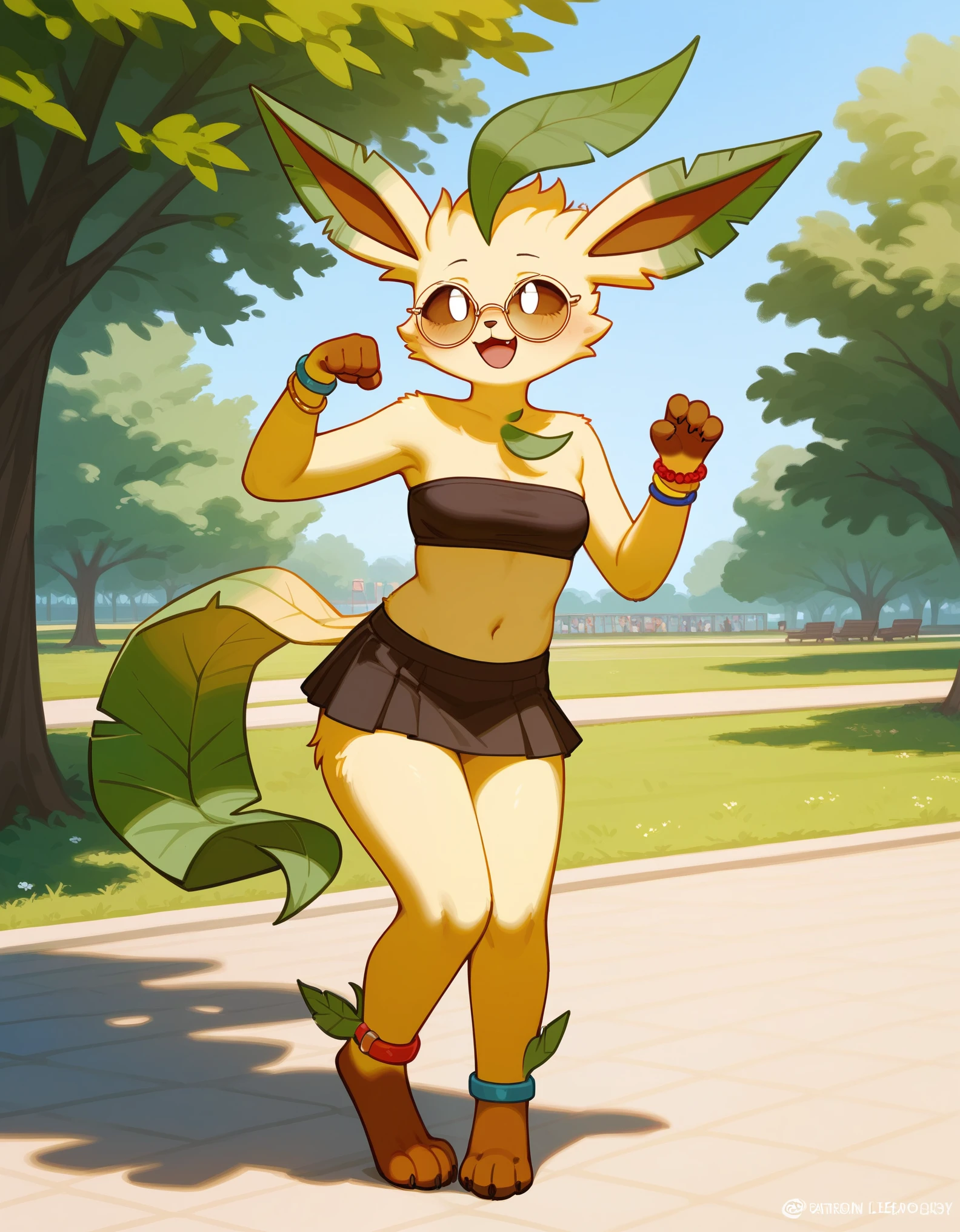 score_9,score_8_up,score_7_up, anthro furry female leafeon Pokemon, tall, wearing hippie bandeau, brown micro skirt, ankle bracelets, big round glasses, eyes half opened, bored eyes, smiling softly, 4 toes, white eyes, brown sclera, outdoors, at a park, flowery decorations in the background, standing, cute pose, laughing,
