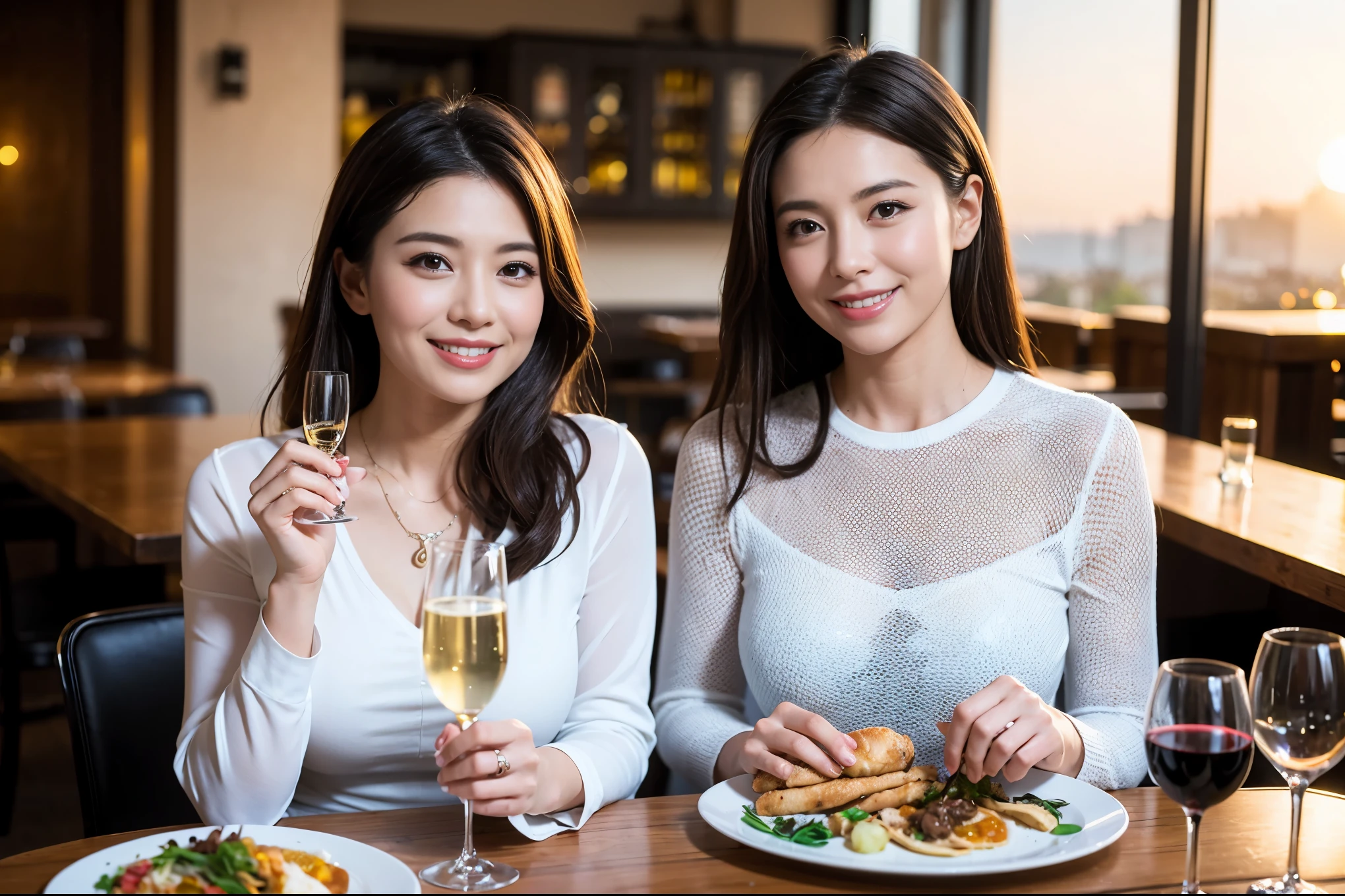 ((highest quality、8k、masterpiece:1.3))、1 male、1 female、spouse、Beautiful couple、smile、full-course dinner、 (Slim face), (the body is スリム), (Brown Hair), (Shortcuts), テーブルの上のwine glass、Put the light on your face、 Amazing view of the sunset sky and clouds、smileの美しさ、Shortcuts, (Age 35), 39 years old, Appetizers、Italian food、Wine bottle、Champagne、sparkling wine、Long sleeve shirt、dress、Attractive beauty、restaurant, Nova Frog Style, actress, model, Upper Body, White wine, red wine, wine glass, 