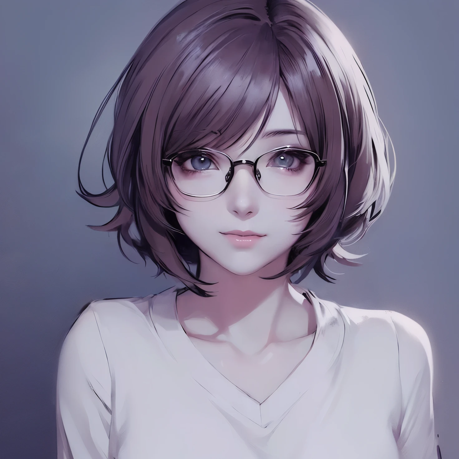 anime girl with short hair and glasses looking at the camera, sayori, anime style portrait, anime moe artstyle, flat anime style shading, clean detailed anime style, fubuki, with short hair, in an anime style, anime portrait, [[[[grinning evily]]]], cute anime face, detailed anime soft face