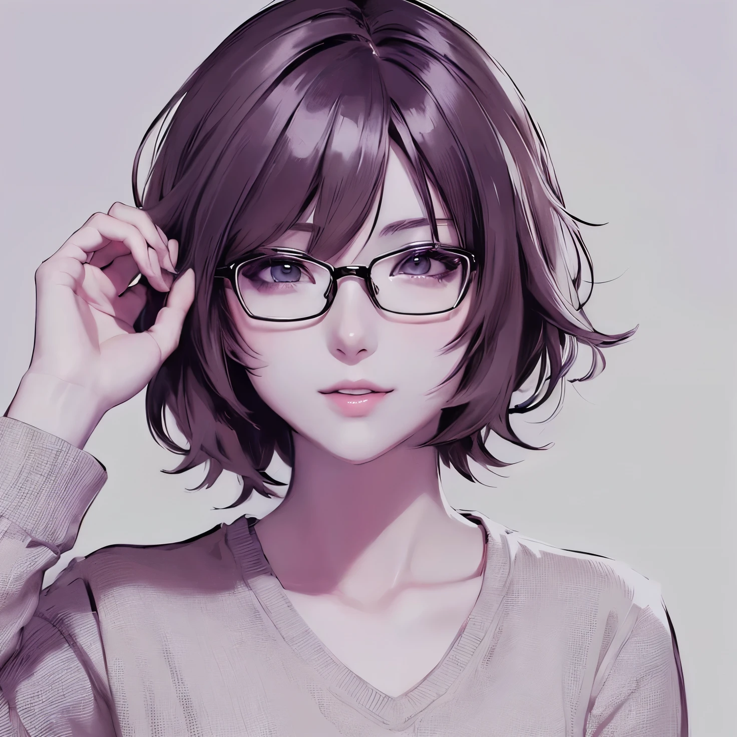 anime girl with short hair and glasses looking at the camera, sayori, anime style portrait, anime moe artstyle, flat anime style shading, clean detailed anime style, fubuki, with short hair, in an anime style, anime portrait, [[[[grinning evily]]]], cute anime face, detailed anime soft face