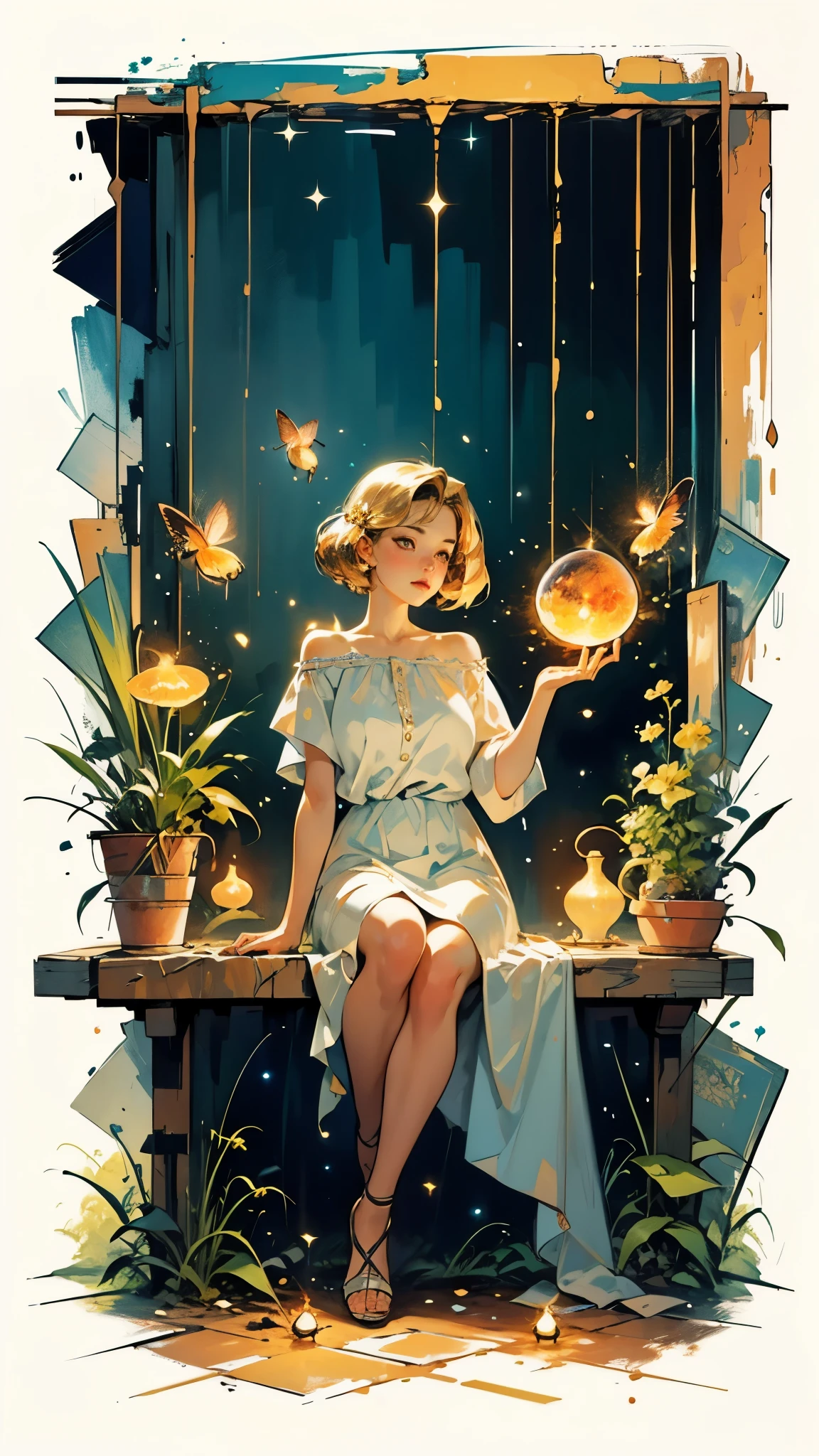 Three-dimensional oil painting on a rough canvas in the complex technique of a palette knife and wide smears patterns. digital painting Portrait of a lovely young woman with hands transforming Magic Fireflies, Translucent golden little Fireflies fly out of her hands, she is sitting on the floor, she is looking at you, breeze in the room, golden sparkles, dim lit simple background, concept art in complex mixed media 16K