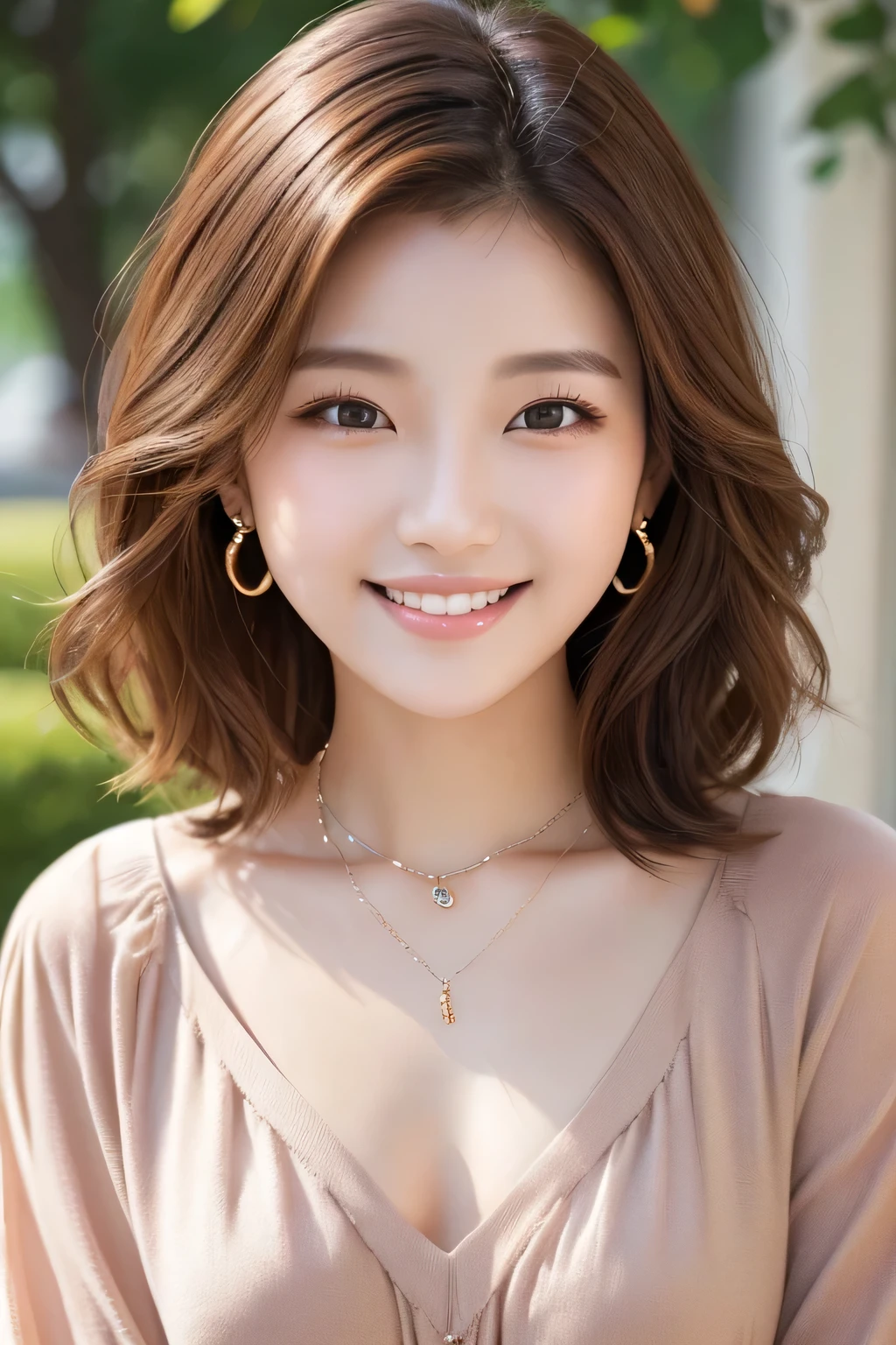 20Beautiful young woman of the year、 Korean women、Light brown hair、Wavy Hair、short hair、ear piercing、Necklace around the neck、blouse、smile, Beautiful teeth alignment、Intricate details, Very detailed:1.2), 、 Looking into the camera,The background is the town