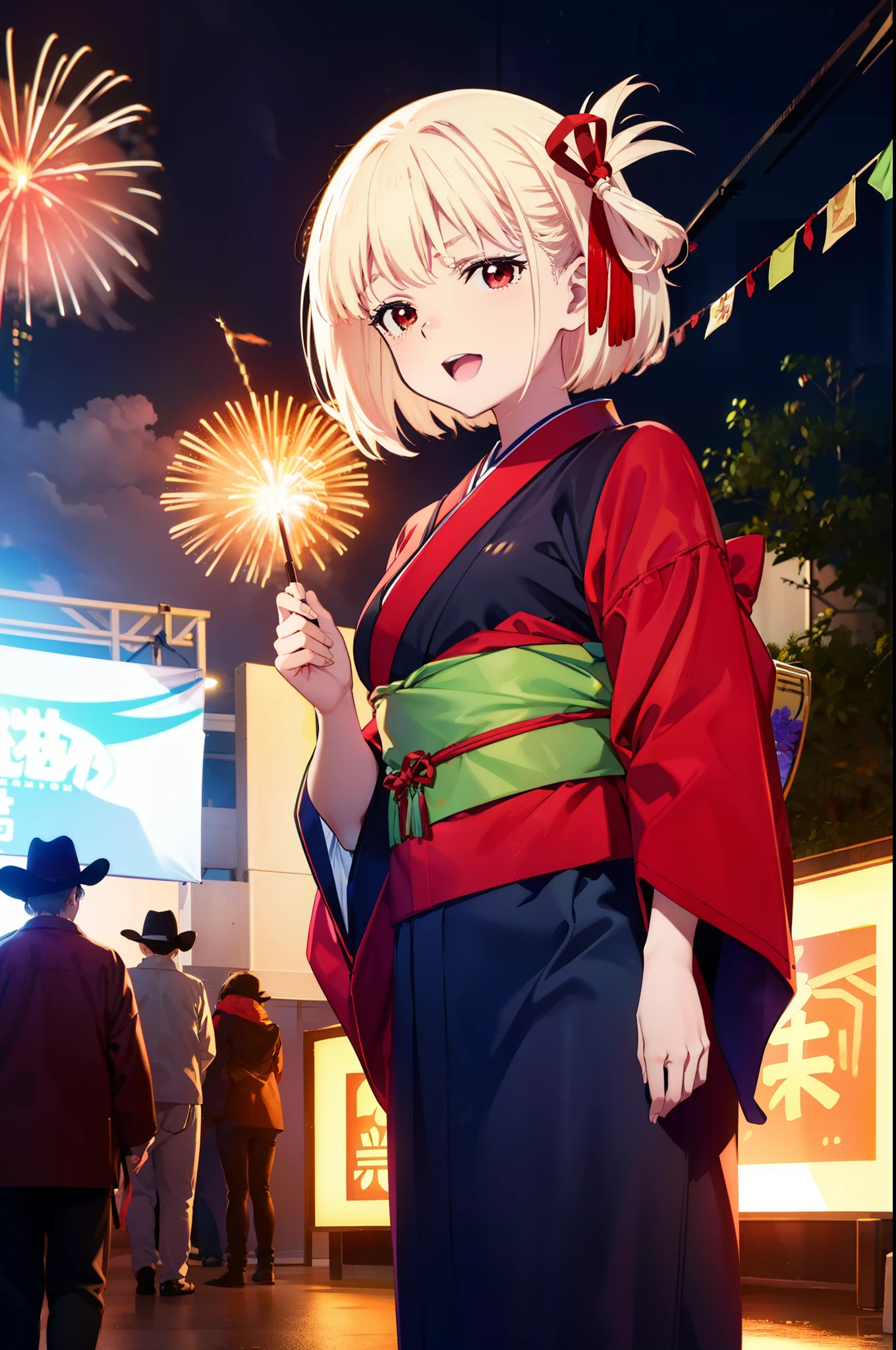 chisatonishikigi, Chisato Nishikigi, short hair, bangs, Blonde Hair, (Red eyes:1.5), hair ribbon, One side up, Bobcut,smile,Open your mouth wide,
,Red kimono,Sandals,日本のfestival,夏festivalの屋台、Red Lantern,Fireworks in the night sky,The place is a fireworks display,Time is night,whole bodyがイラストに入るように,Looking up from below、walk,
break outdoors, festival,shrine,
break looking at viewer,whole body, (Cowboy Shot:1.5),
break (masterpiece:1.2), highest quality, High resolution, unity 8k wallpaper, (figure:0.8), (Beautiful fine details:1.6), Highly detailed face, Perfect lighting, Highly detailed CG, (Perfect hands, Perfect Anatomy),