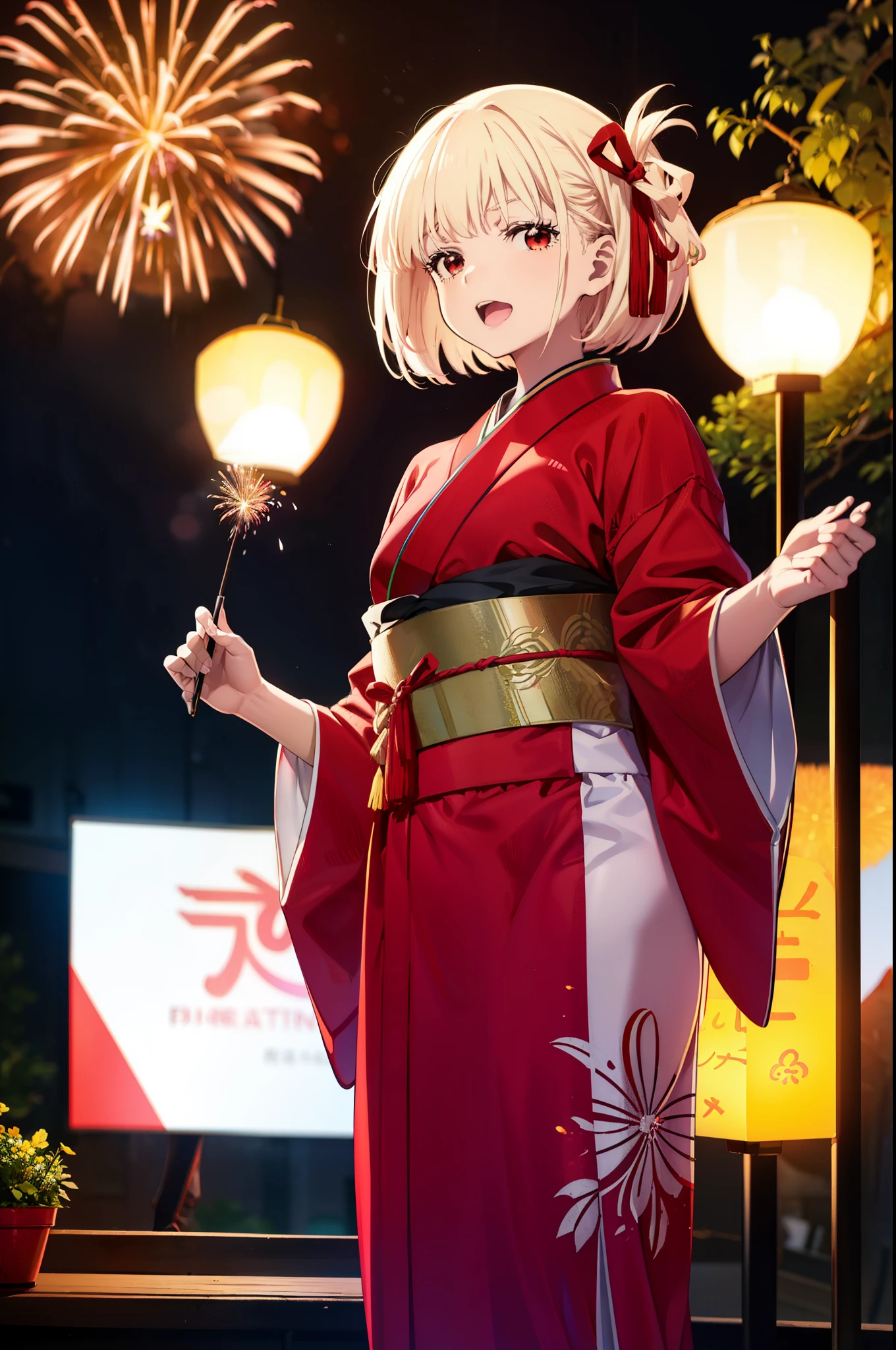 chisatonishikigi, Chisato Nishikigi, short hair, bangs, Blonde Hair, (Red eyes:1.5), hair ribbon, One side up, Bobcut,smile,Open your mouth wide,
,Red kimono,Sandals,日本のfestival，夏festivalの屋台、Red Lantern,Fireworks in the night sky,The place is a fireworks display,Time is night,whole bodyがイラストに入るように,Looking up from below、walk,
break outdoors, festival,shrine,
break looking at viewer,whole body, (Cowboy Shot:1.5),
break (masterpiece:1.2), highest quality, High resolution, unity 8k wallpaper, (figure:0.8), (Beautiful fine details:1.6), Highly detailed face, Perfect lighting, Highly detailed CG, (Perfect hands, Perfect Anatomy),