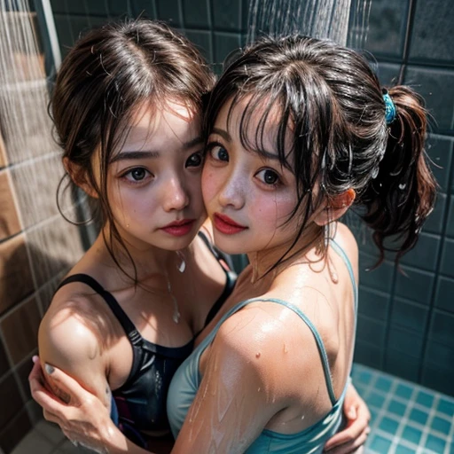 SFW, (Snapshot of girls kissing face to face in an open shower room by the pool), Braid hair, With bangs、(School Swimwear), the body is covered with juice、Sweating、be sweaty、Wet pearl skin, ((Wet swimsuit)), Perfect Lighting, Clear Focus, (bokeH:1.4), Roundly butts, { (shower:1.7) | Overflowing Gigantic sideboob | Butt cruck | (from above:1.4) }, hidden hands BREAK (NOGIZAKA girls)  ((Extremely Detailed very KAWAII face variations)), perfect anatomy, Childish, captivating gaze, elaborate detailed Eyes with (sparkling highlights:1.2), long eyelashes、Glossy RED Lips with beautiful details, Coquettish tongue, Rosy cheeks . { (Dynamic joyful expressions) | (:d) }, (no large eyes) .