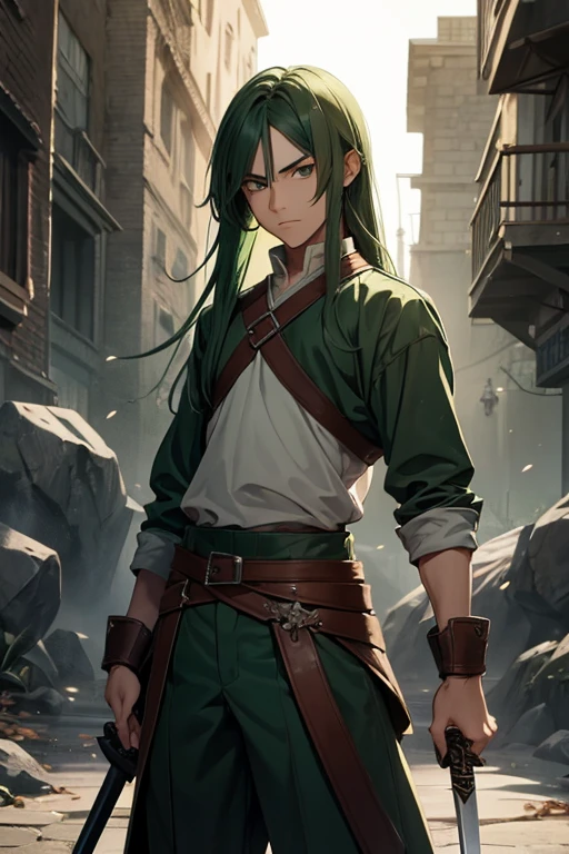 Create a swordsman teenage boy with long dark green hair holding a sword in his right hand