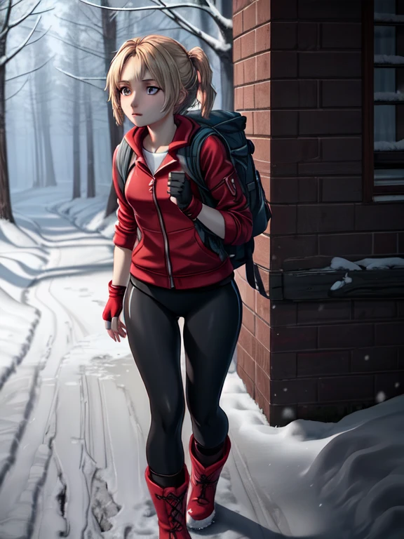 ((Best quality)), ((Masterpiece)), (detailed), (4K quality), (Detailed face:1.2), (Detailed eyes:1.2), (Perfect figure:1.2), 1girl, UDSam, solo, short hair, blonde hair, (Wearing: Red jacket, white leggings, fingerless gloves, snow boots and backpack:1.3), foggy and snowing weather snowy, blizzard, in a forest, upper body shot, midnight ambiance, expressive eyes, detailed shadows, walking, detailed background. She's looking into the camera with a worried and determined feeling. This is a masterpiece that exudes exceptional quality and immersion. The illustration is ultra-detailed, Using HDR technology to create a sense of depth. Tone is isolation, gloomy, and anxiety driven, Full of spooky elements.