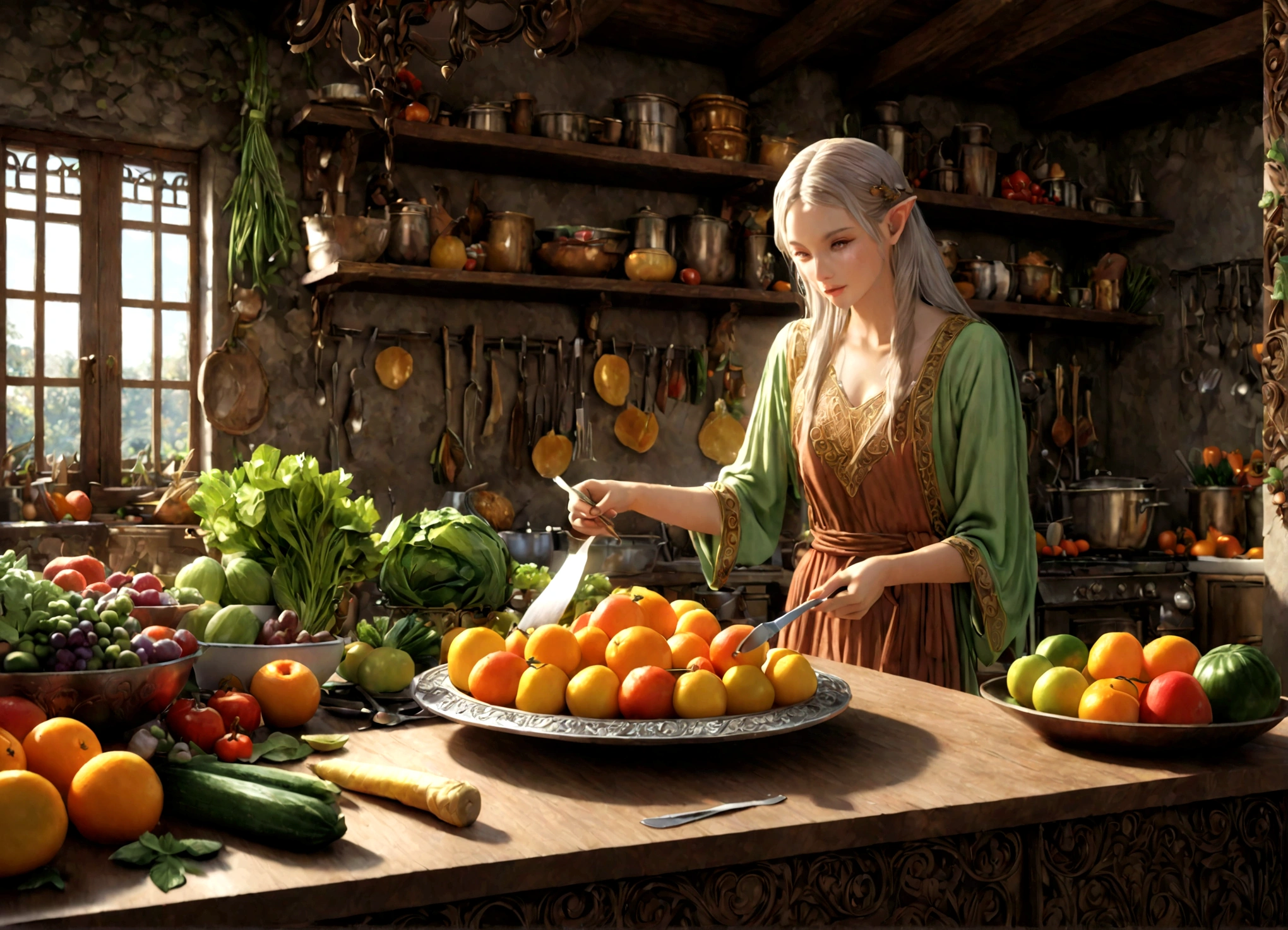 a lean gorgeous elf woman, long hair, sheer slip, working in an elven ornate kitchen, carefully carving fruits and vegetables into a delicate petite meal, (best quality,4k,8k,highres,masterpiece:1.2),ultra-detailed,(realistic,photorealistic,photo-realistic:1.37),HDR,UHD,studio lighting,ultra-fine painting,sharp focus,physically-based rendering,extreme detail description,professional,vivid colors,fantasy,concept art,warm lighting,natural colors