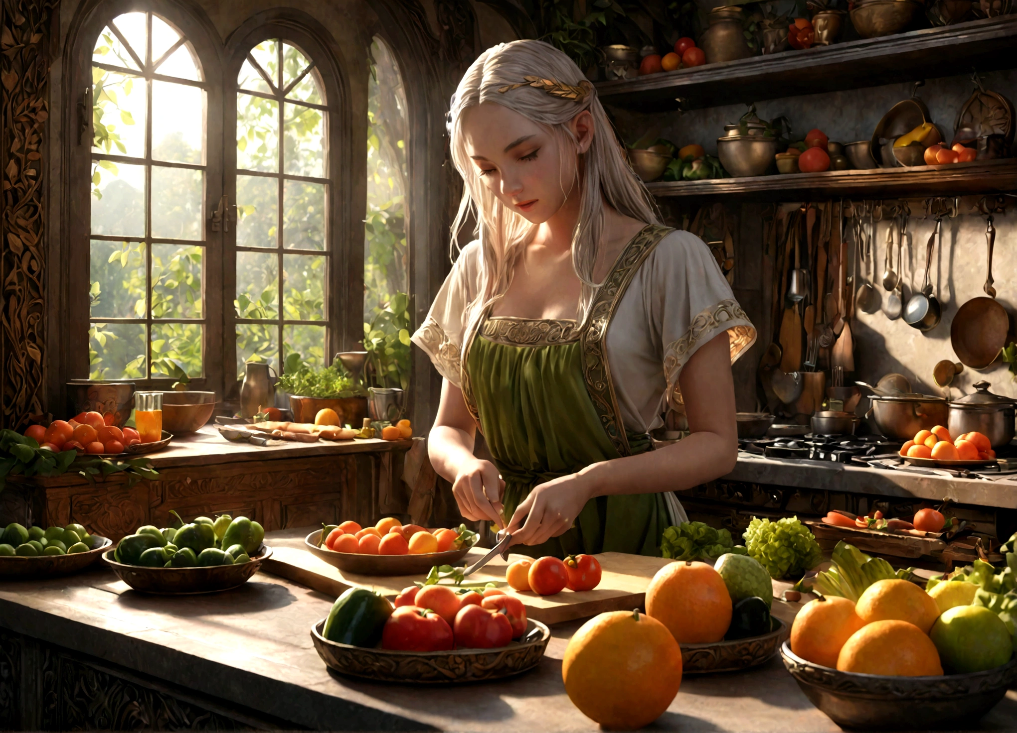 a lean gorgeous elf woman, long hair, sheer slip, working in an elven ornate kitchen, carefully carving fruits and vegetables into a delicate petite meal, (best quality,4k,8k,highres,masterpiece:1.2),ultra-detailed,(realistic,photorealistic,photo-realistic:1.37),HDR,UHD,studio lighting,ultra-fine painting,sharp focus,physically-based rendering,extreme detail description,professional,vivid colors,fantasy,concept art,warm lighting,natural colors